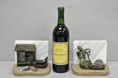 Curtis Clawson Mid Century Modern Brutalist Nautical Bronze & Marble Bookends