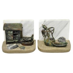 Curtis Clawson Mid Century Modern Brutalist Nautical Bronze & Marble Bookends