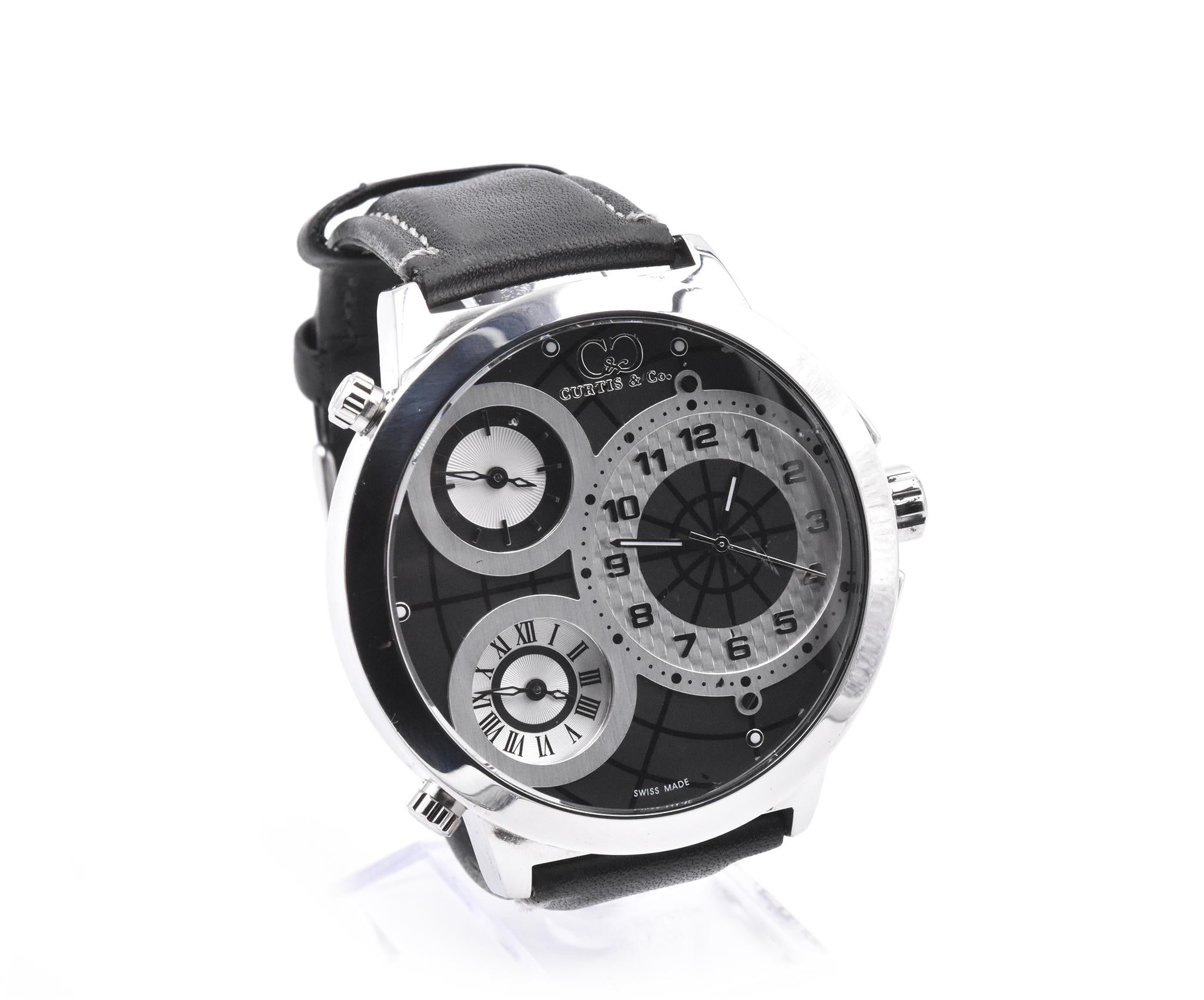 Movement: quartz
Function: hours, minutes, three time zones
Case: 50mm round stainless steel
Dial: black with three sub dials are at 11 and 7 o'clock for the additional time zones
Reference: Big World Three Time Zone
Case #: 008
Does not come with