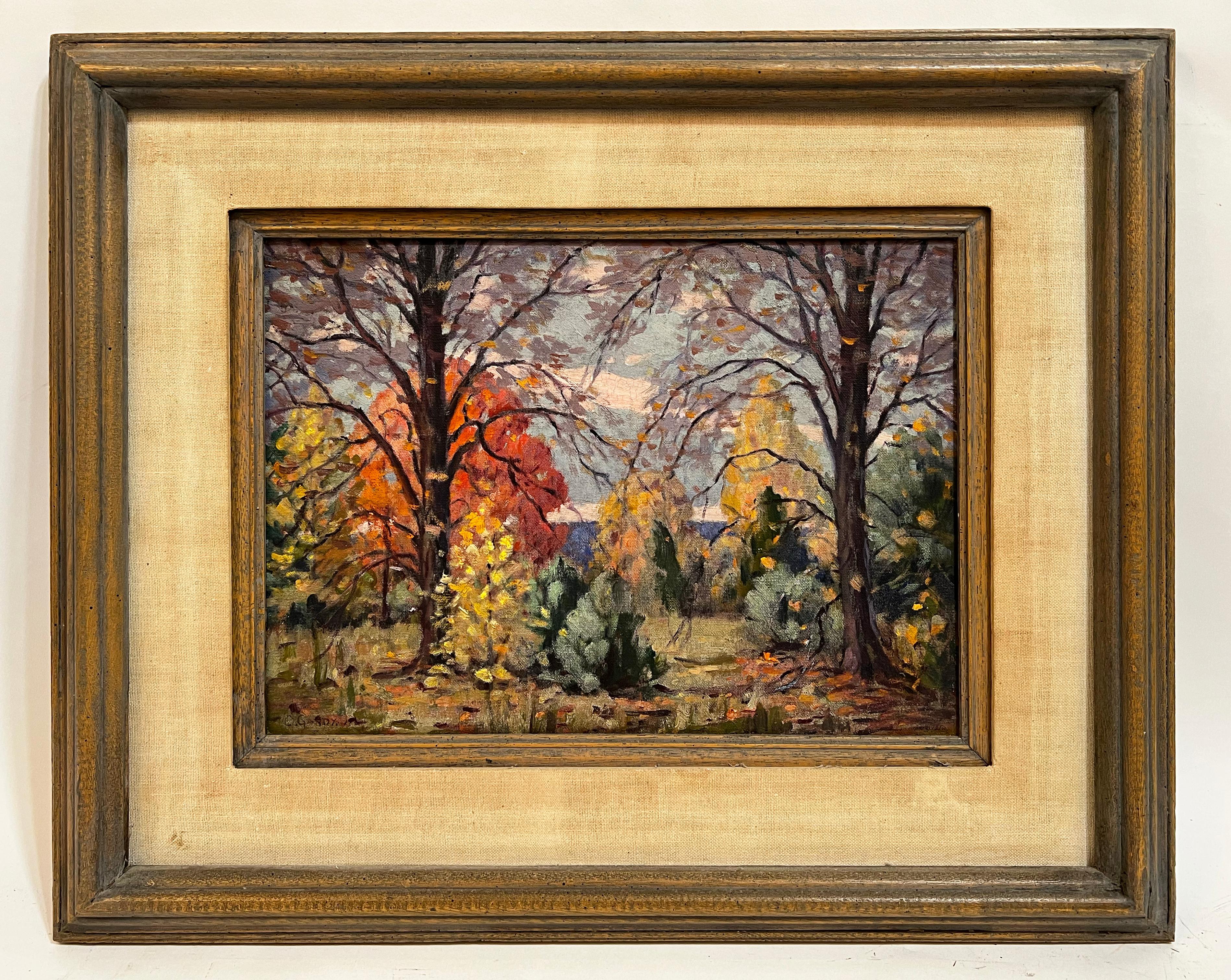 Antique American Impressionist Signed New England Fall Landscape Oil Painting - Brown Landscape Painting by Curtis Gandy