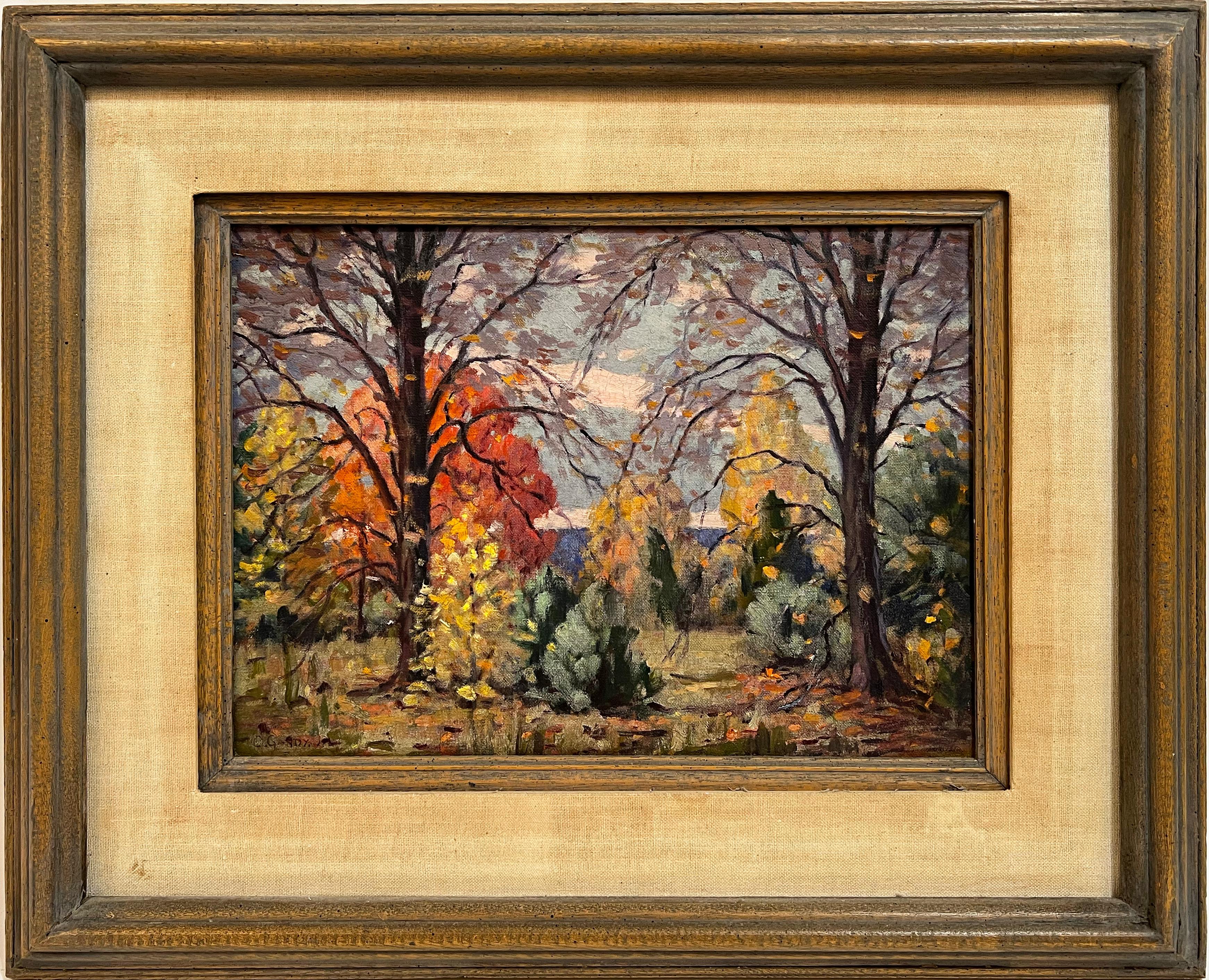 Antique American impressionist landscape oil painting.  Oil on board, circa 1920.  Signed.  Framed.  Image size, 16