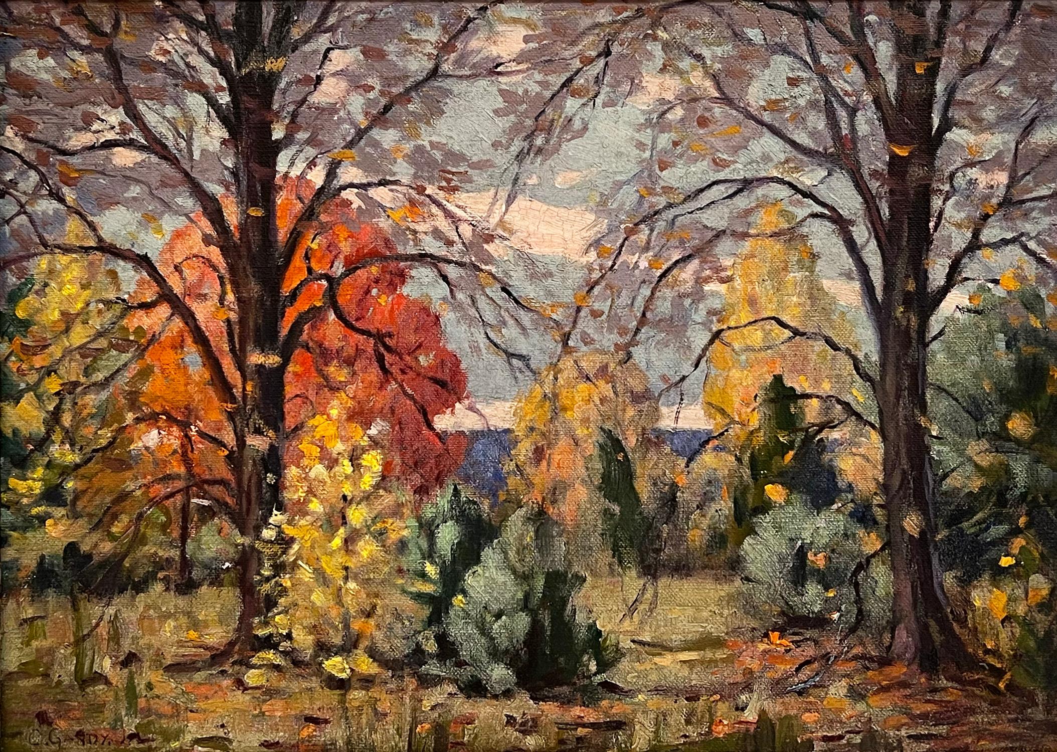 Antique American Impressionist Signed New England Fall Landscape Oil Painting 1