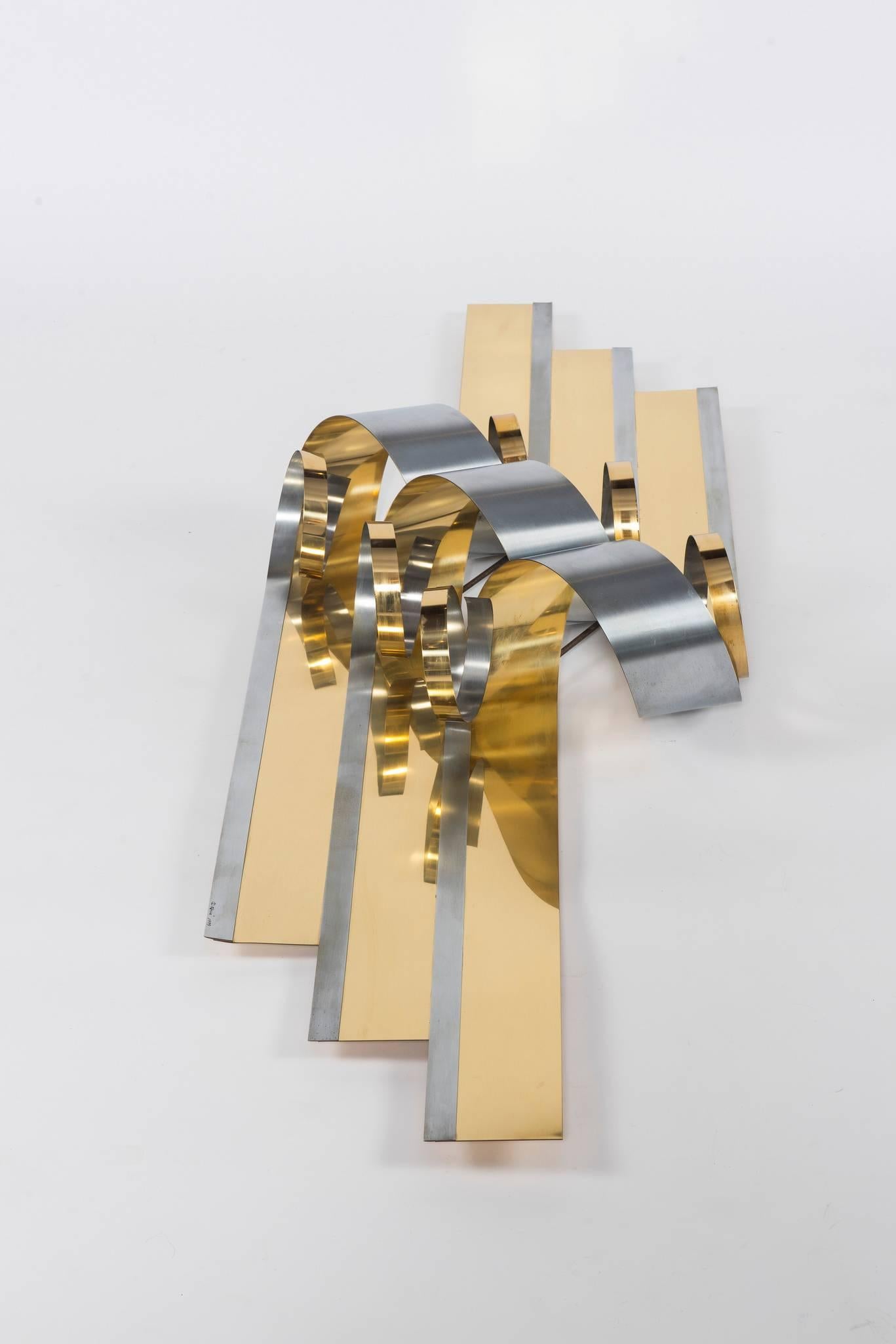 American Curtis Jere 1989 Brass and Steel Ribbon Sculpture For Sale