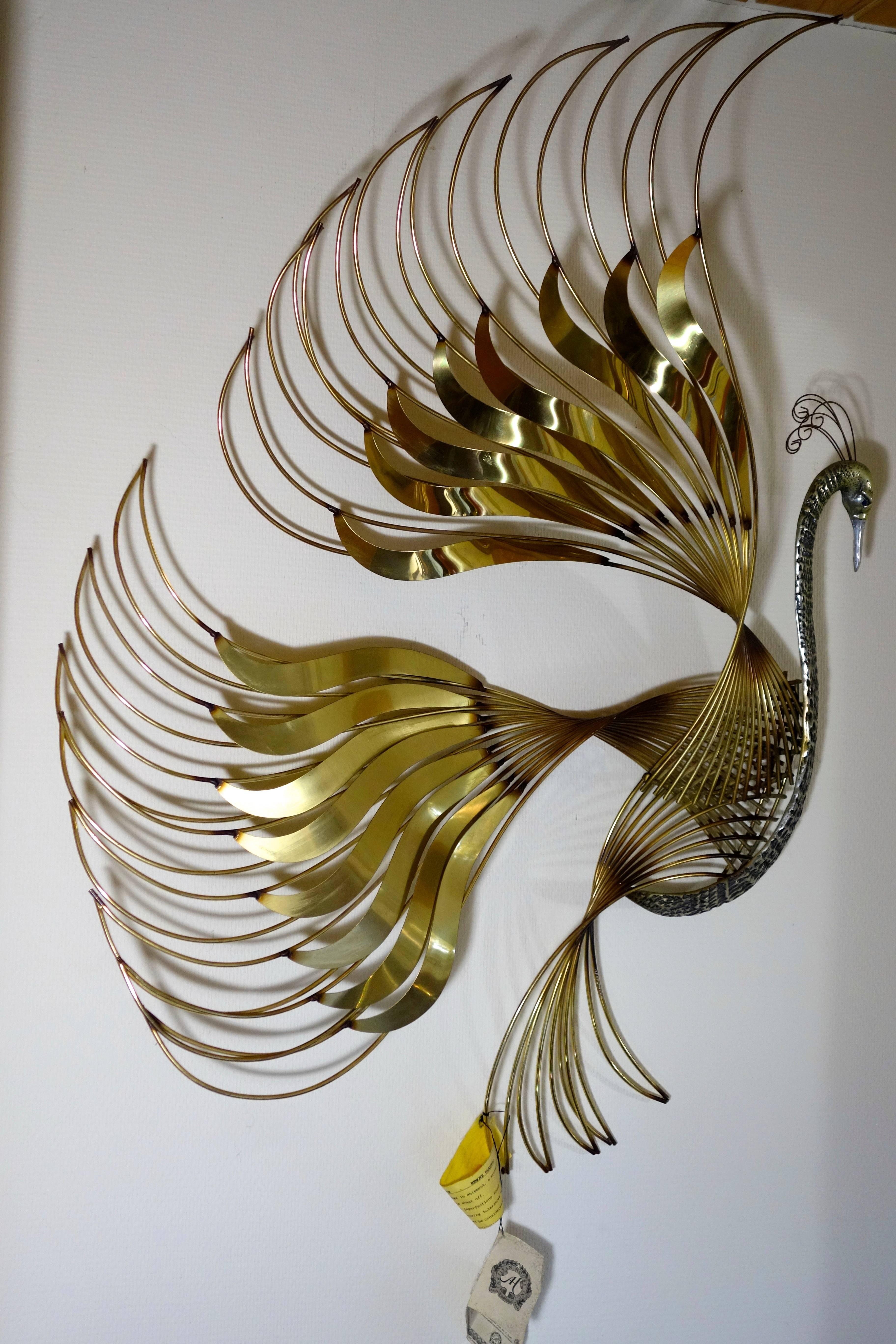 Extra Large Brass Wall Sculpture Peacock designed and made by Curtis Jeré For Sale 1