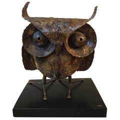 Vintage Curtis Jere 1968 Owl on Wood Stand