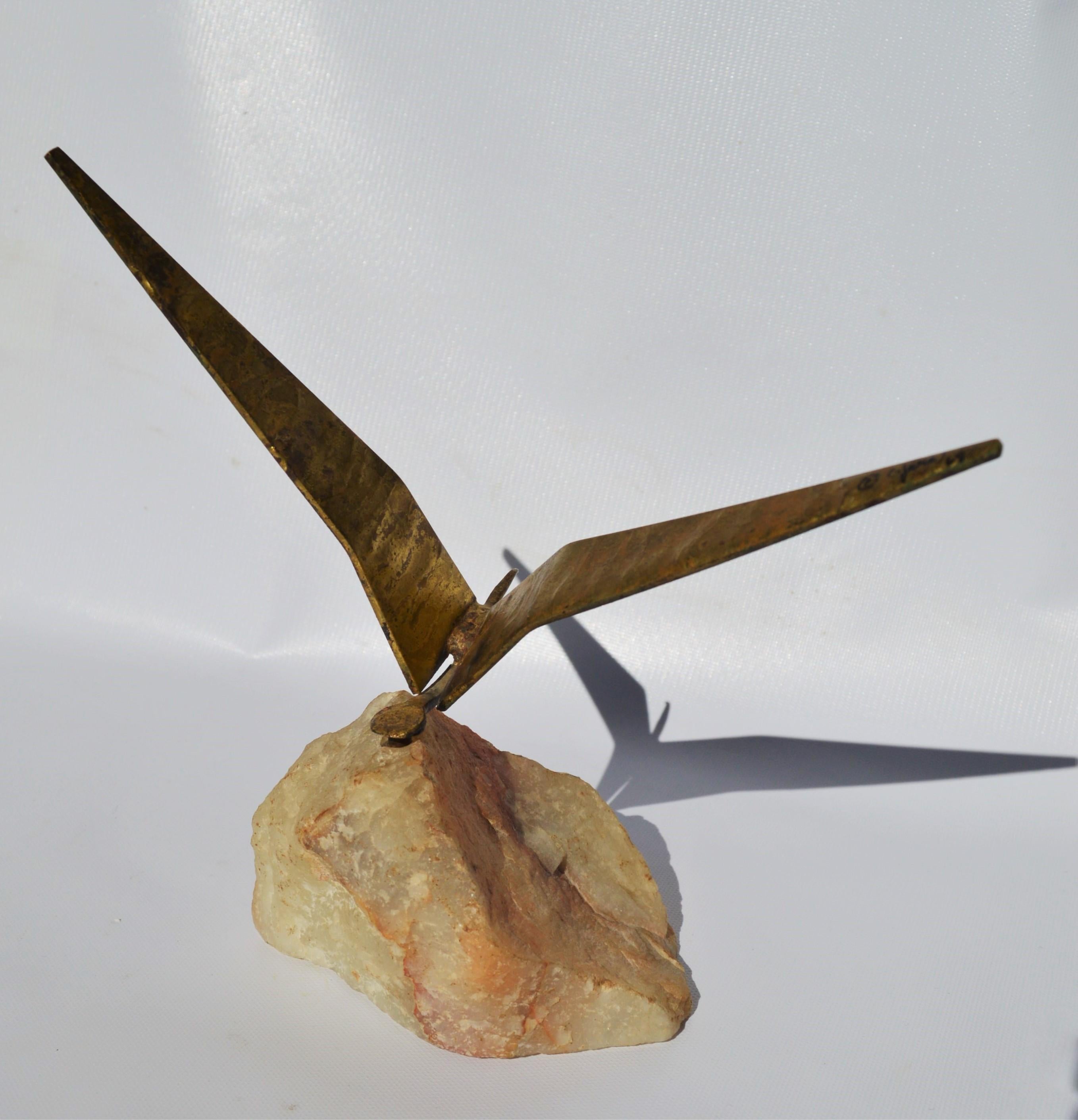 Mid-20th Century Curtis Jere 1968 Signed Minimalist Brass Bird in Flight on Quartz Base Metal Art For Sale