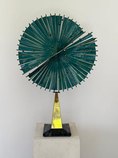 Curtis Jeré 1987 Kinetic Table Sculpture with Brass & Teal Patina Abstract Fan
