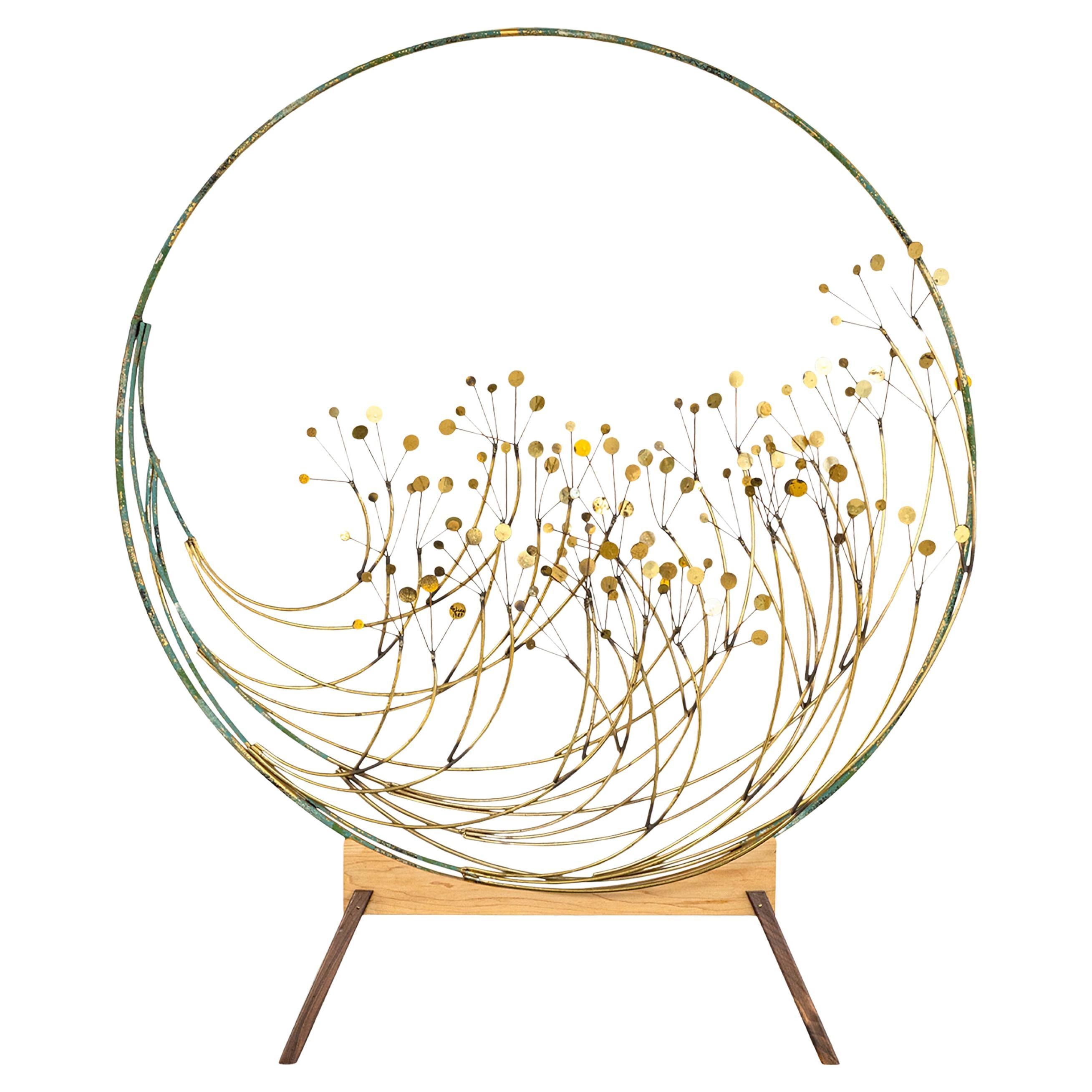 Curtis Jere 1989 Tree Blossom Raindrops Circular Brass Sculpture with Wood Base