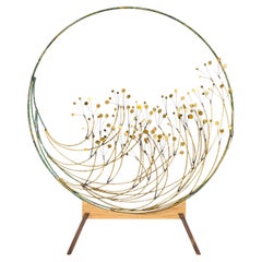 Curtis Jere 1989 Tree Blossom Raindrops Circular Brass Sculpture with Wood Base