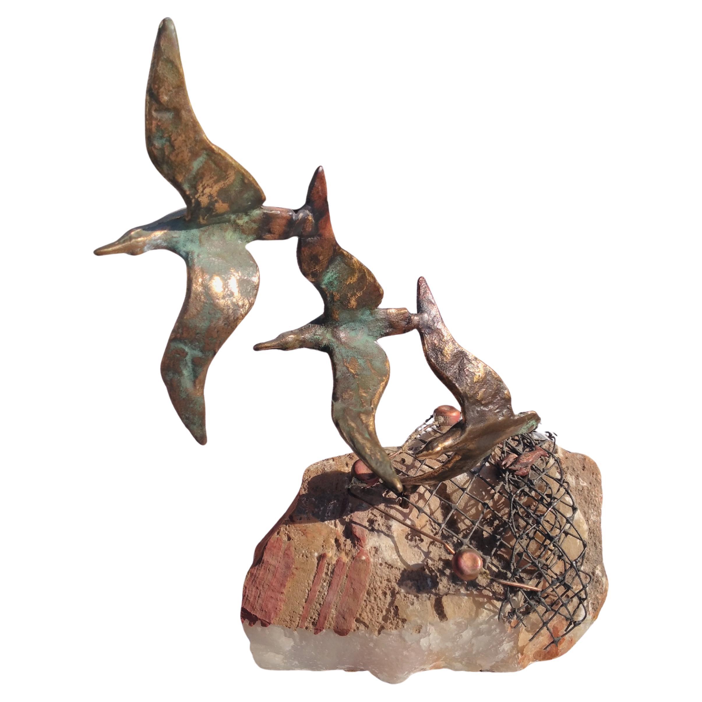 Curtis Jere 3 Flying Seagulls Over Fishing Net Sculpture