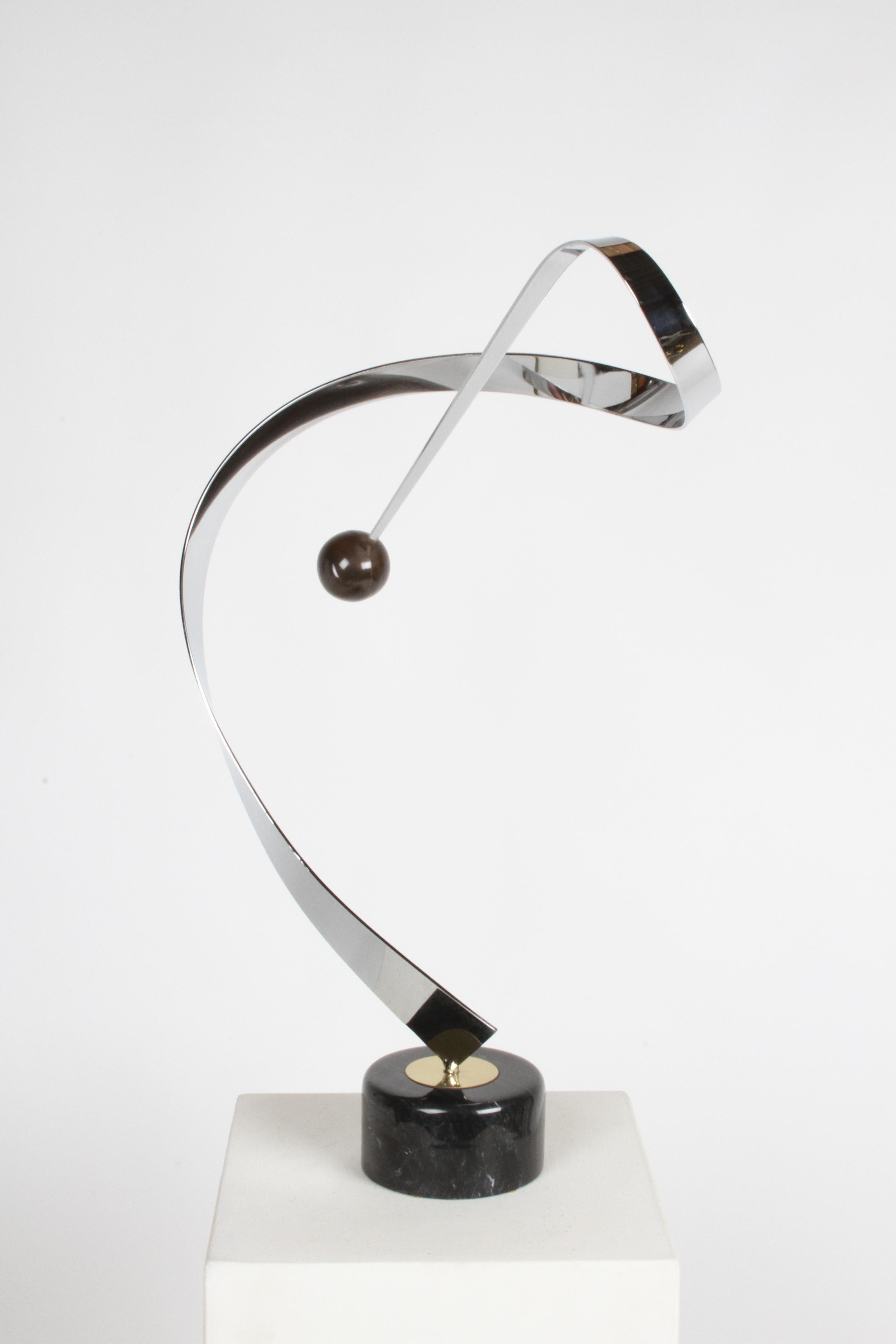 Curtis Jeré Abstract Chrome & Brass Ribbon Sculpture with Ball on Marble Base For Sale 3