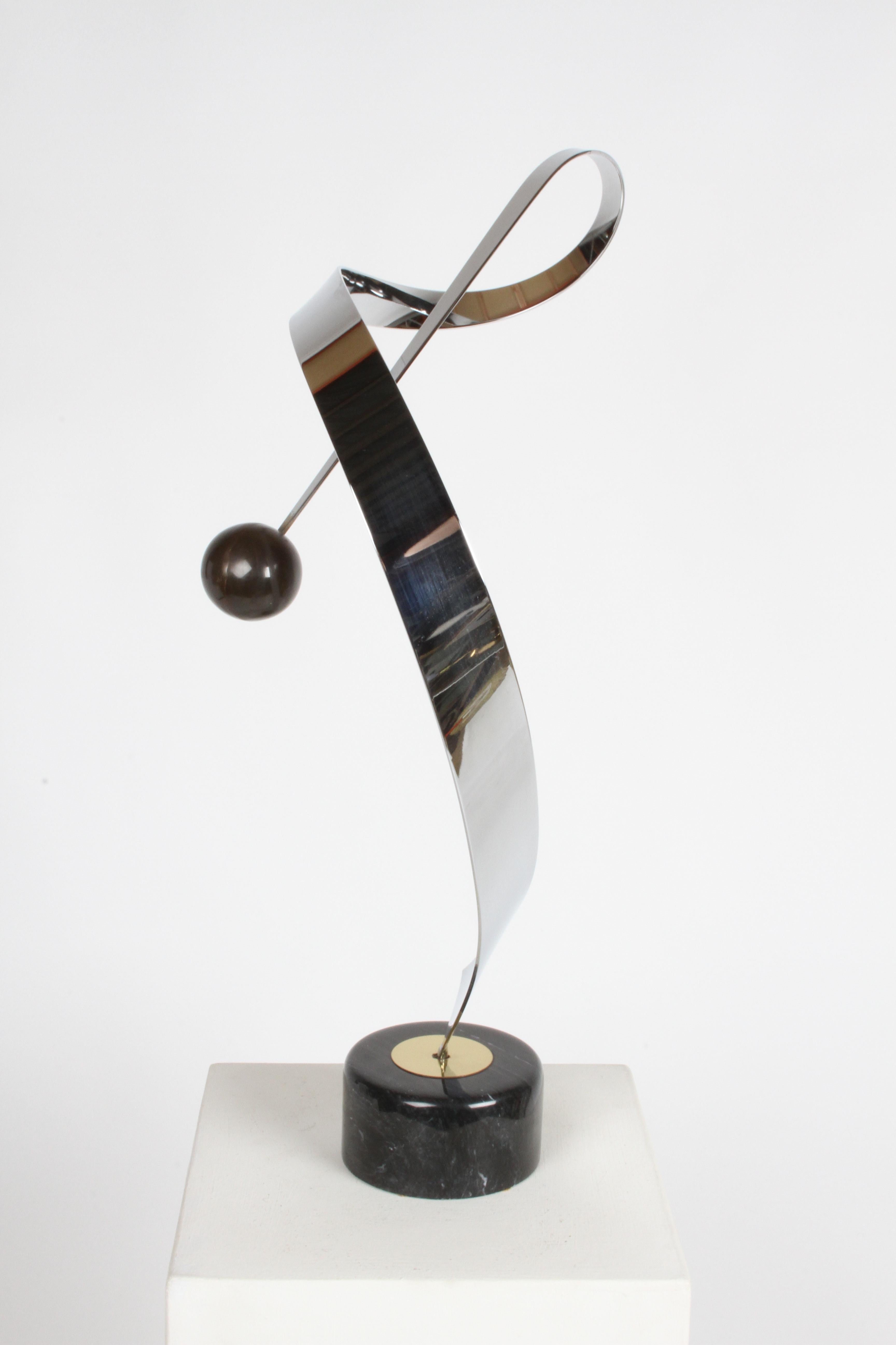 American Curtis Jeré Abstract Chrome & Brass Ribbon Sculpture with Ball on Marble Base For Sale