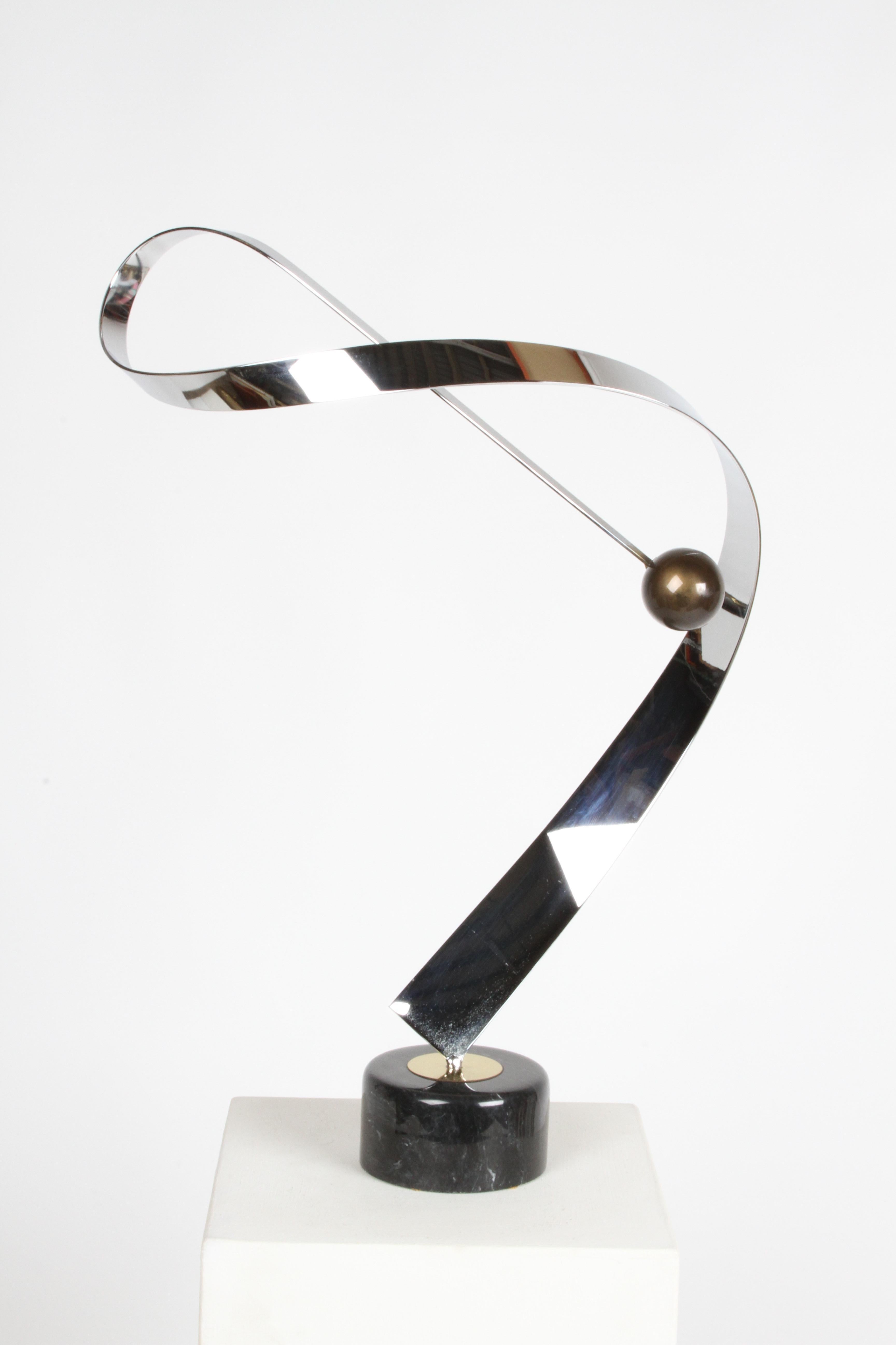 Late 20th Century Curtis Jeré Abstract Chrome & Brass Ribbon Sculpture with Ball on Marble Base For Sale