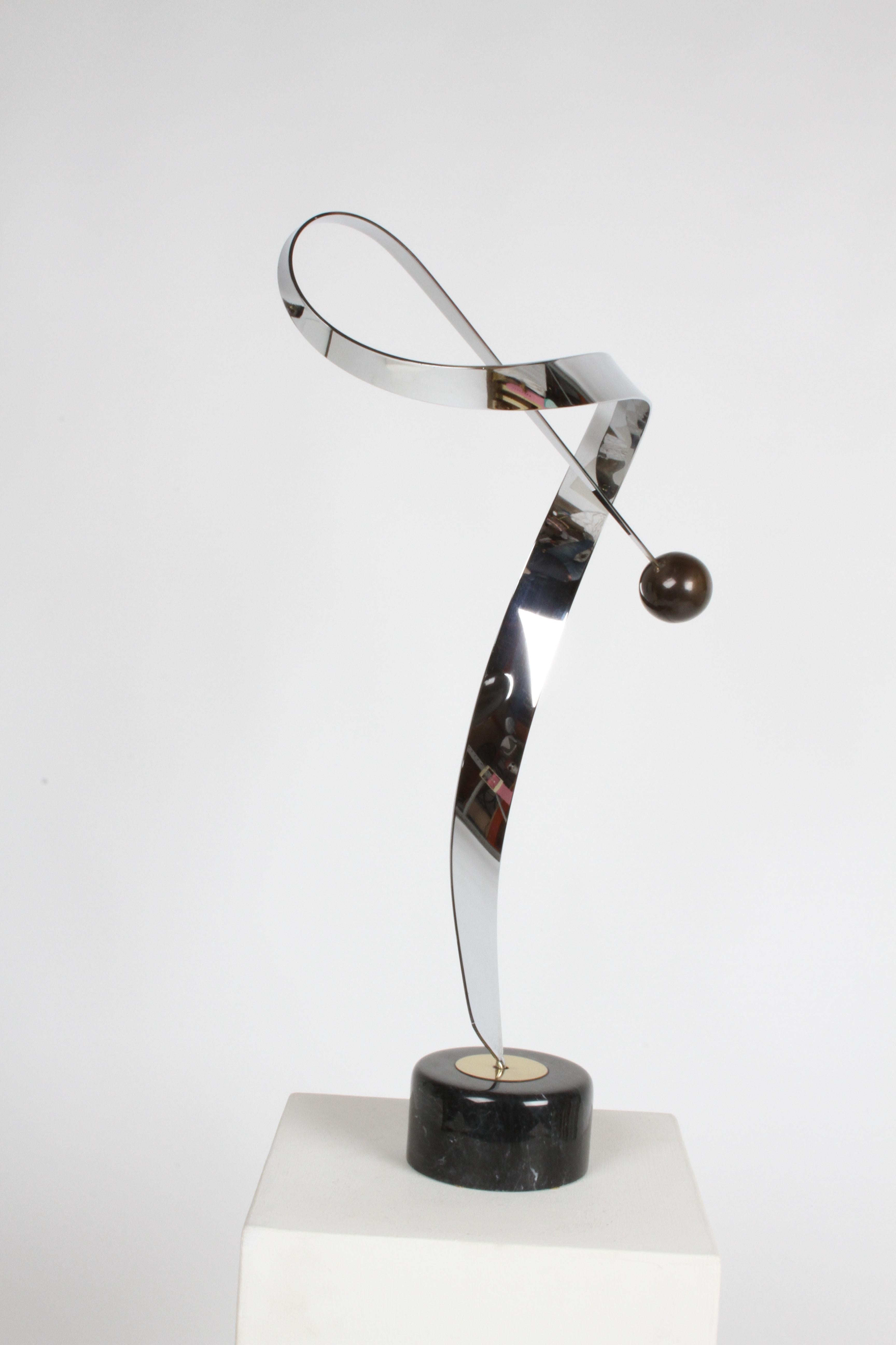 Curtis Jeré Abstract Chrome & Brass Ribbon Sculpture with Ball on Marble Base For Sale 1