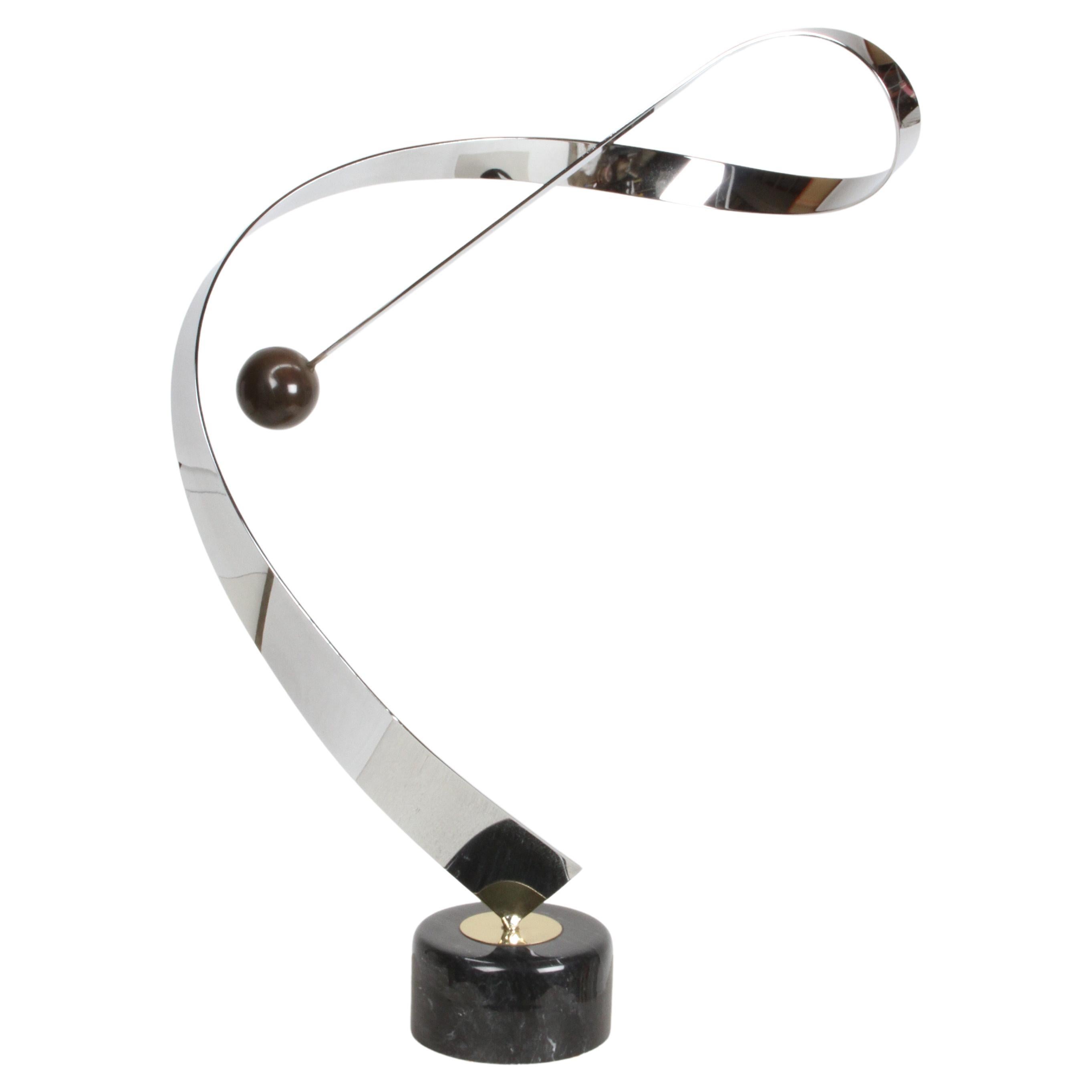 Curtis Jeré Abstract Chrome & Brass Ribbon Sculpture with Ball on Marble Base For Sale