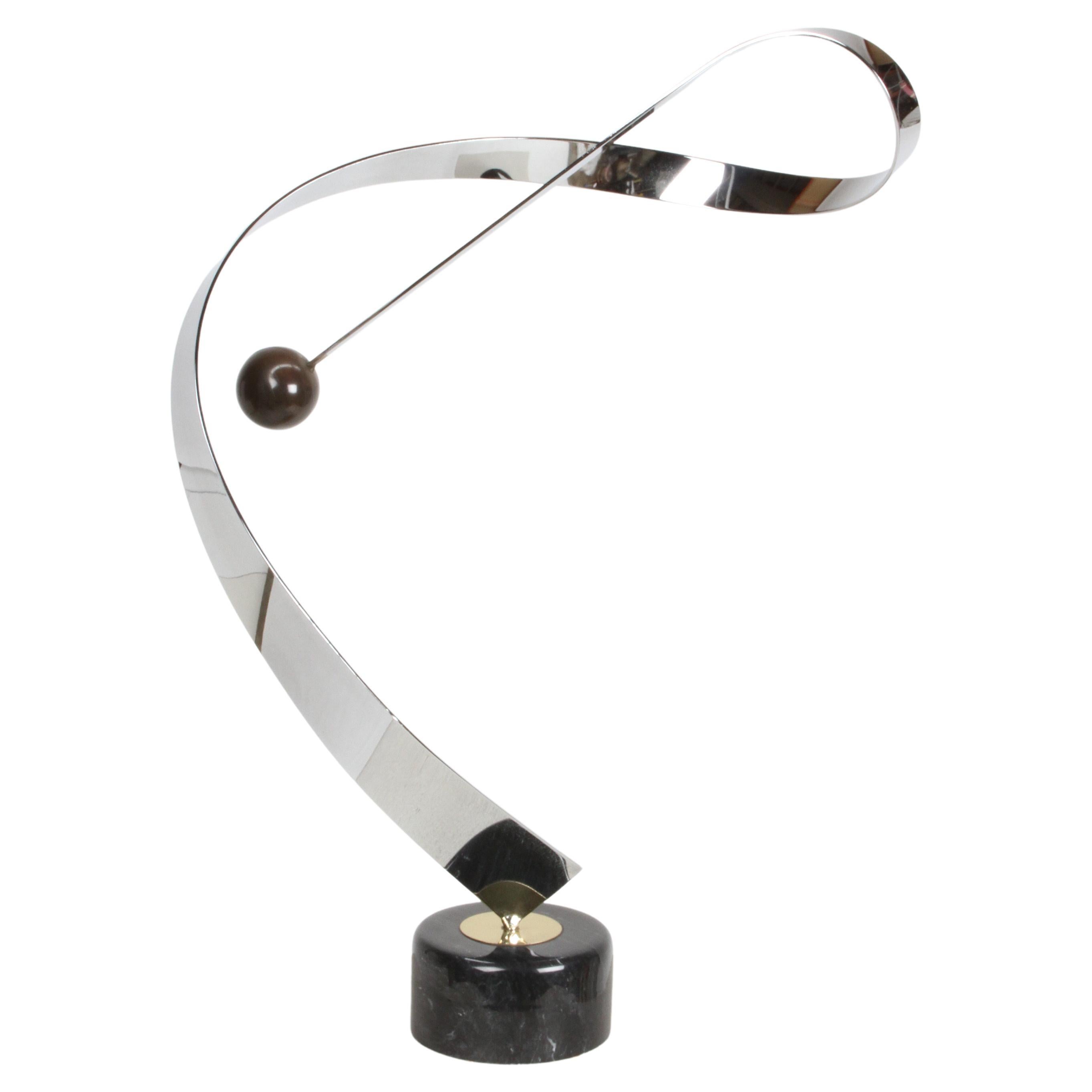 Curtis Jeré Abstract Chrome & Brass Ribbon Sculpture with Ball on Marble Base