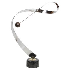 Curtis Jeré Abstract Chrome & Brass Ribbon Sculpture with Ball on Marble Base