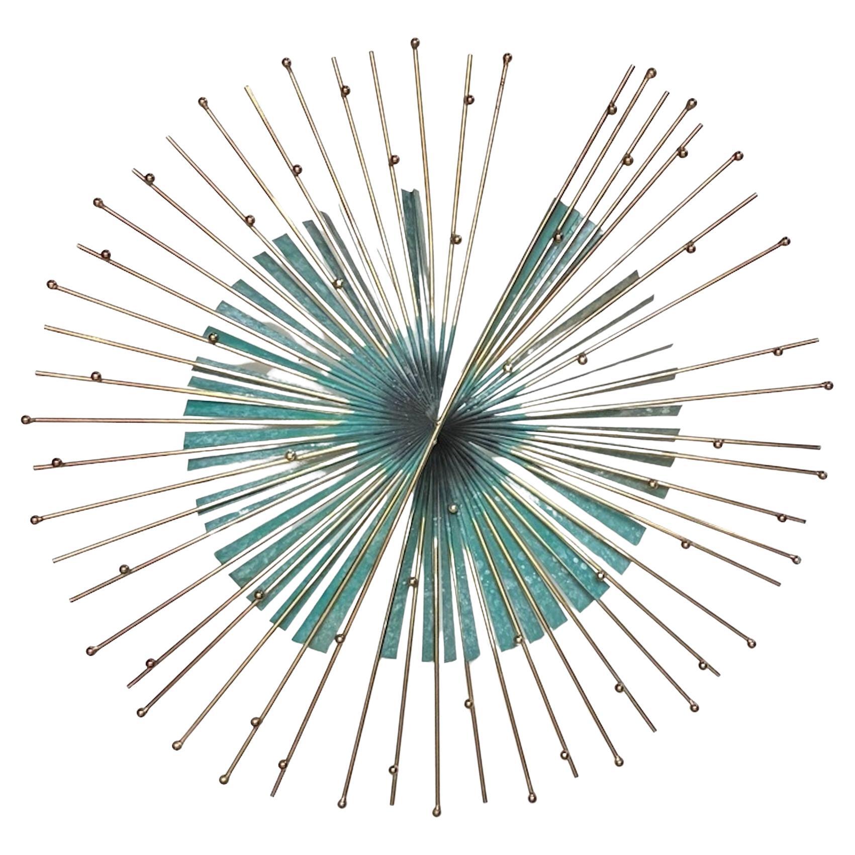 Curtis Jeré Abstract Sunburst Wall Sculpture in Brass 
Verdigris, Circa 1980s For Sale