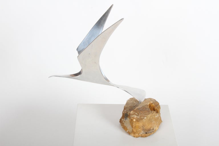 American Curtis Jere Aluminum Flying Seagull Table Sculpture on Quartz Rock Base For Sale