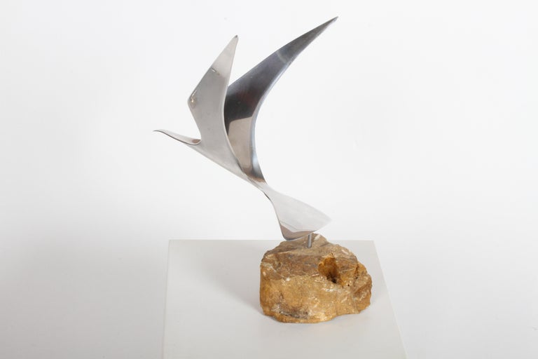 Curtis Jere Aluminum Flying Seagull Table Sculpture on Quartz Rock Base In Good Condition For Sale In St. Louis, MO