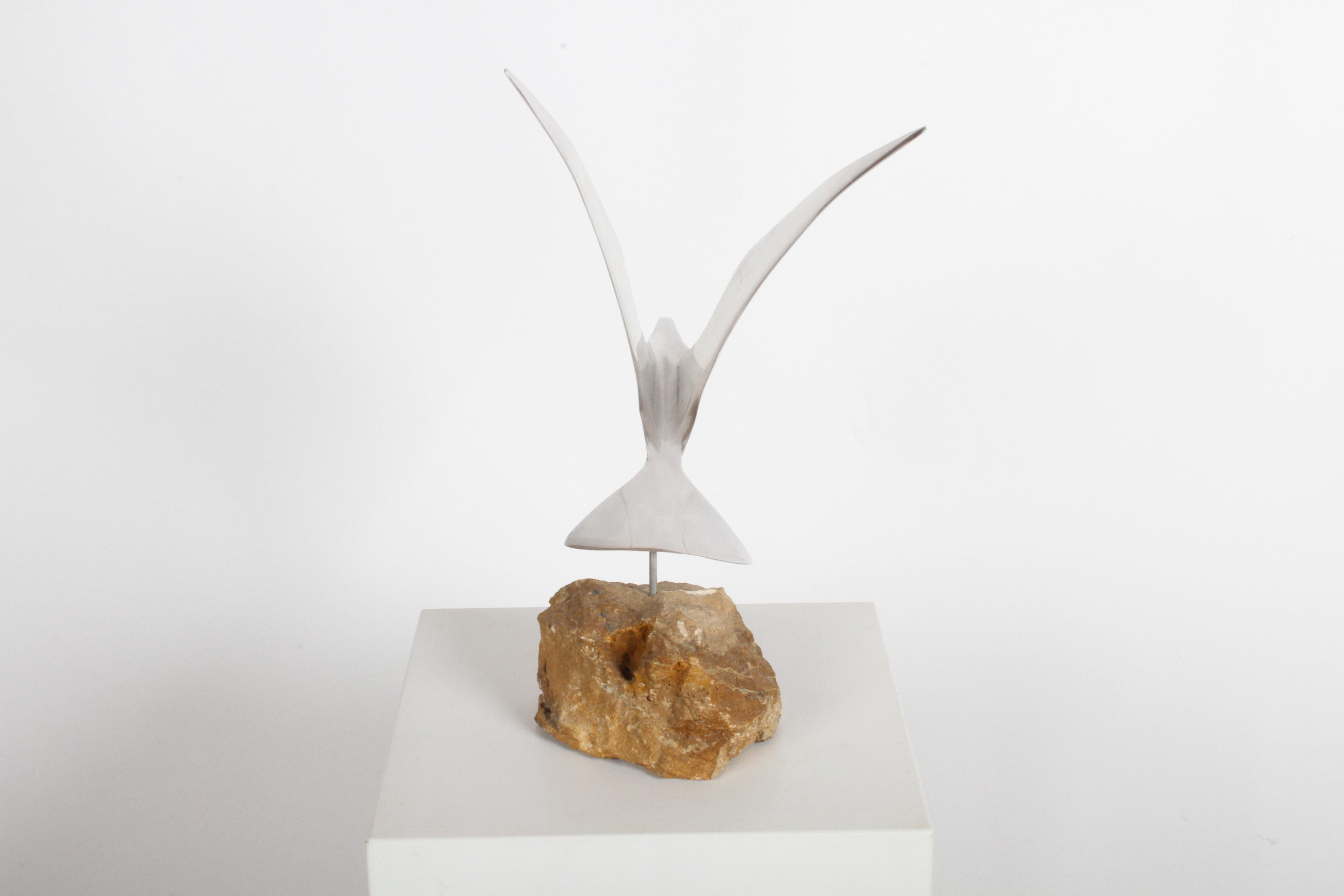 Mid-Century Modern Curtis Jere Aluminum Flying Seagull Table Sculpture on Quartz Rock Base