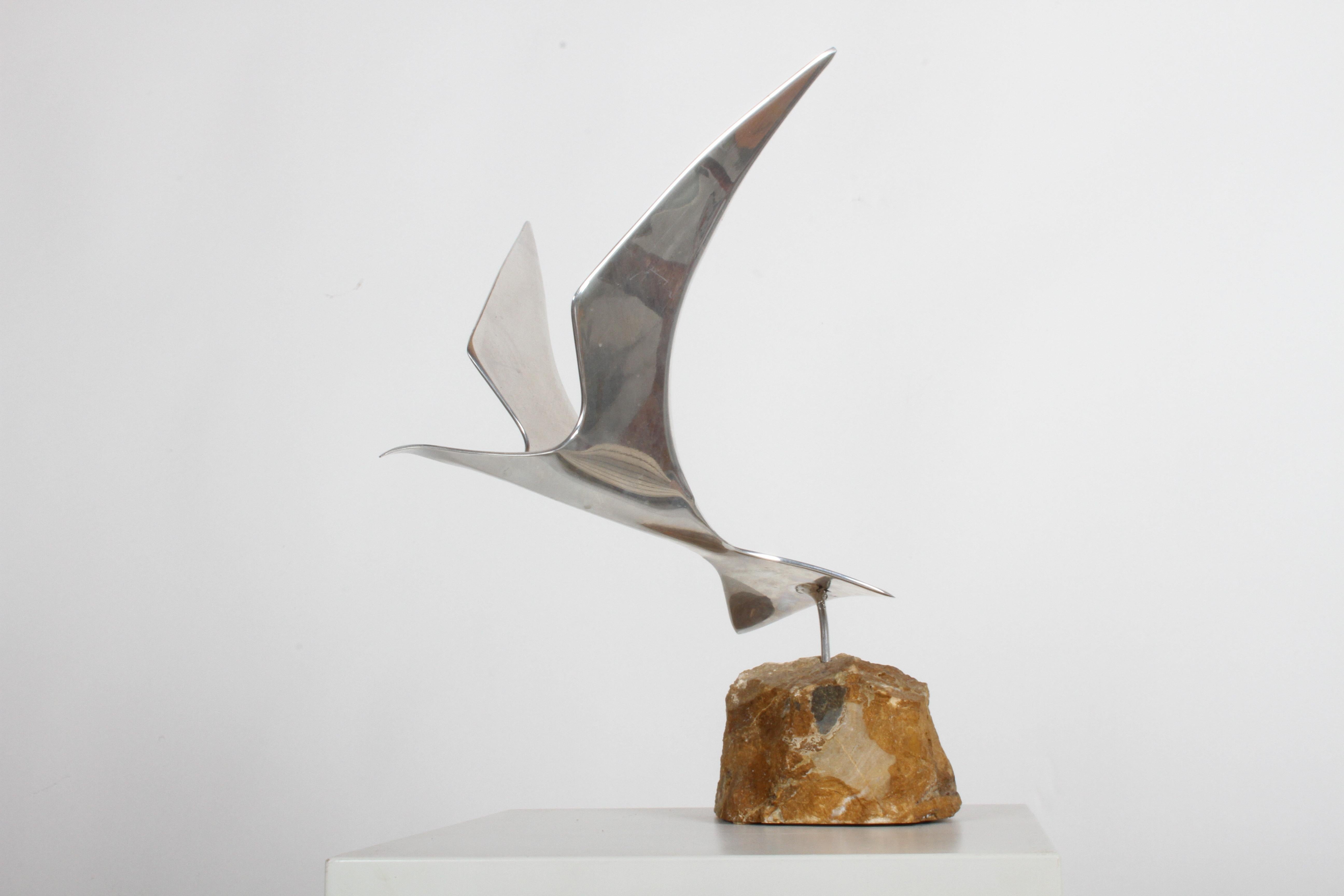 Curtis Jere Aluminum Flying Seagull Table Sculpture on Quartz Rock Base In Good Condition In St. Louis, MO