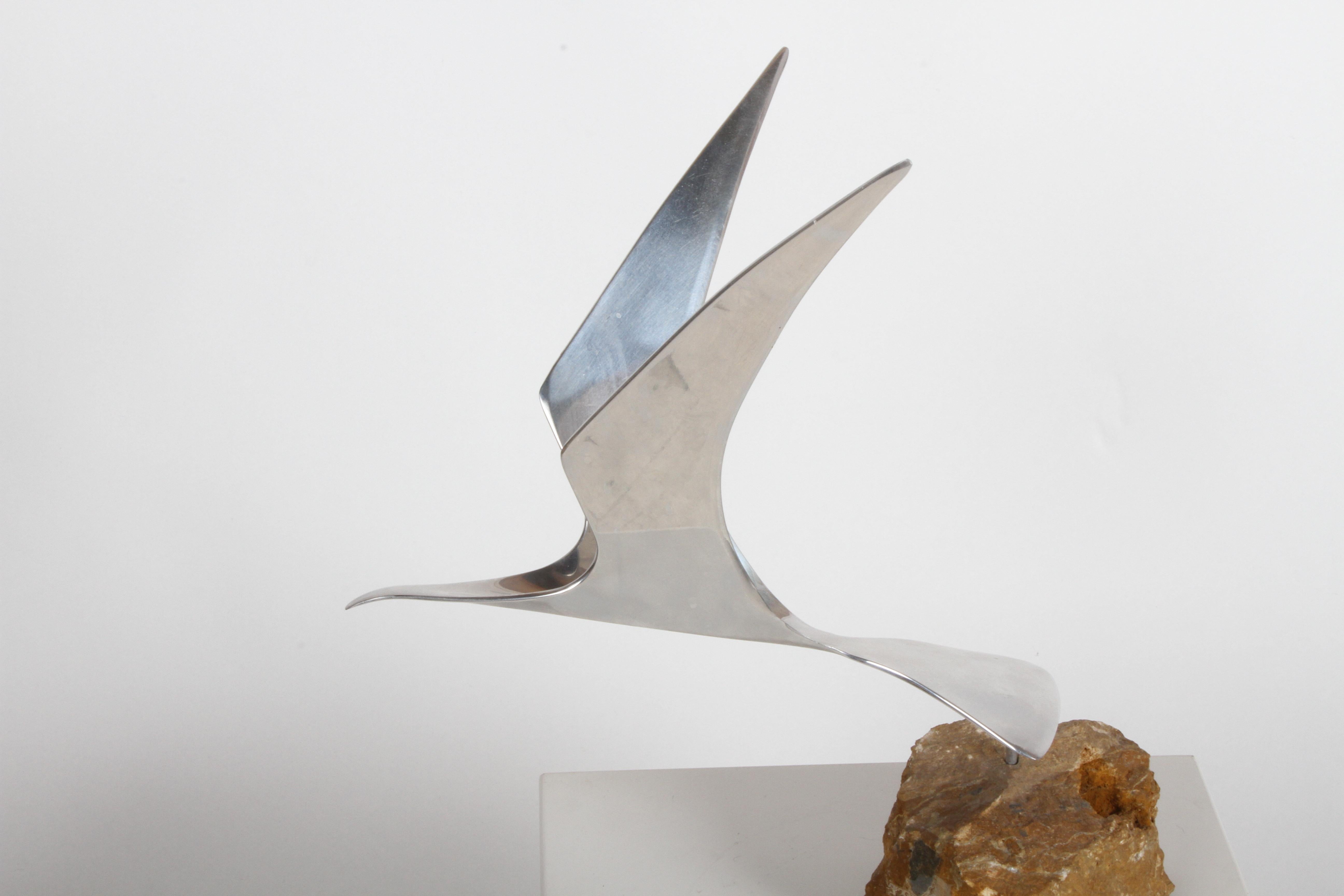Late 20th Century Curtis Jere Aluminum Flying Seagull Table Sculpture on Quartz Rock Base