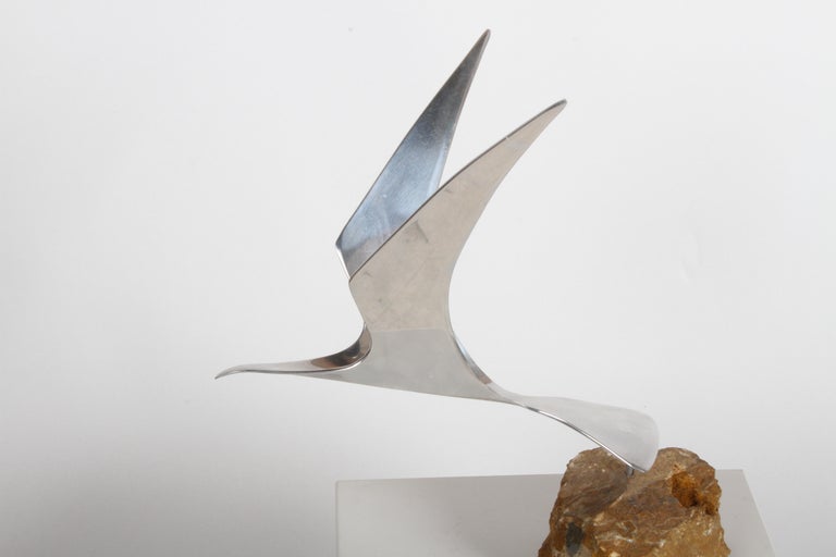 Curtis Jere Aluminum Flying Seagull Table Sculpture on Quartz Rock Base For Sale 3