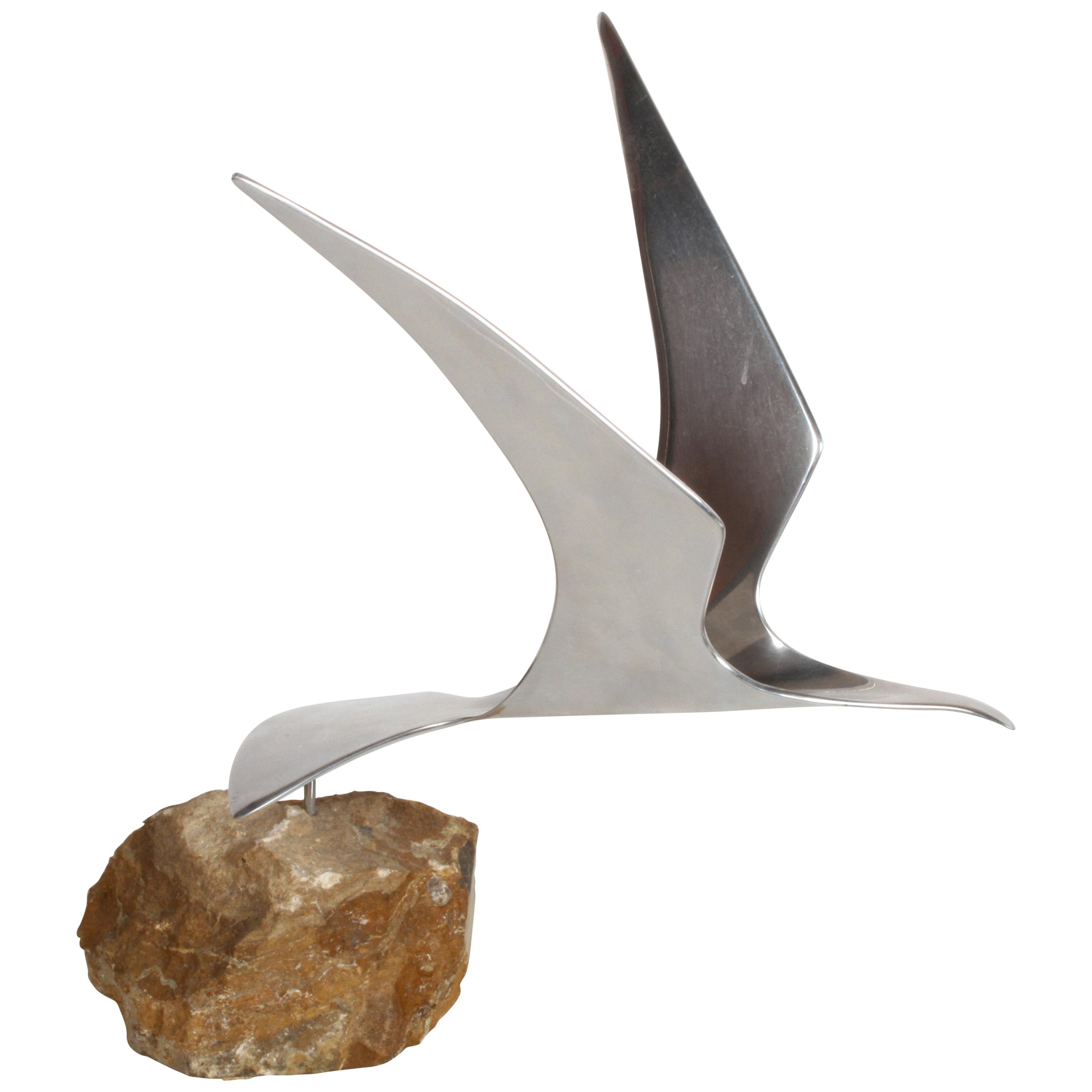 Curtis Jere Aluminum Flying Seagull Table Sculpture on Quartz Rock Base