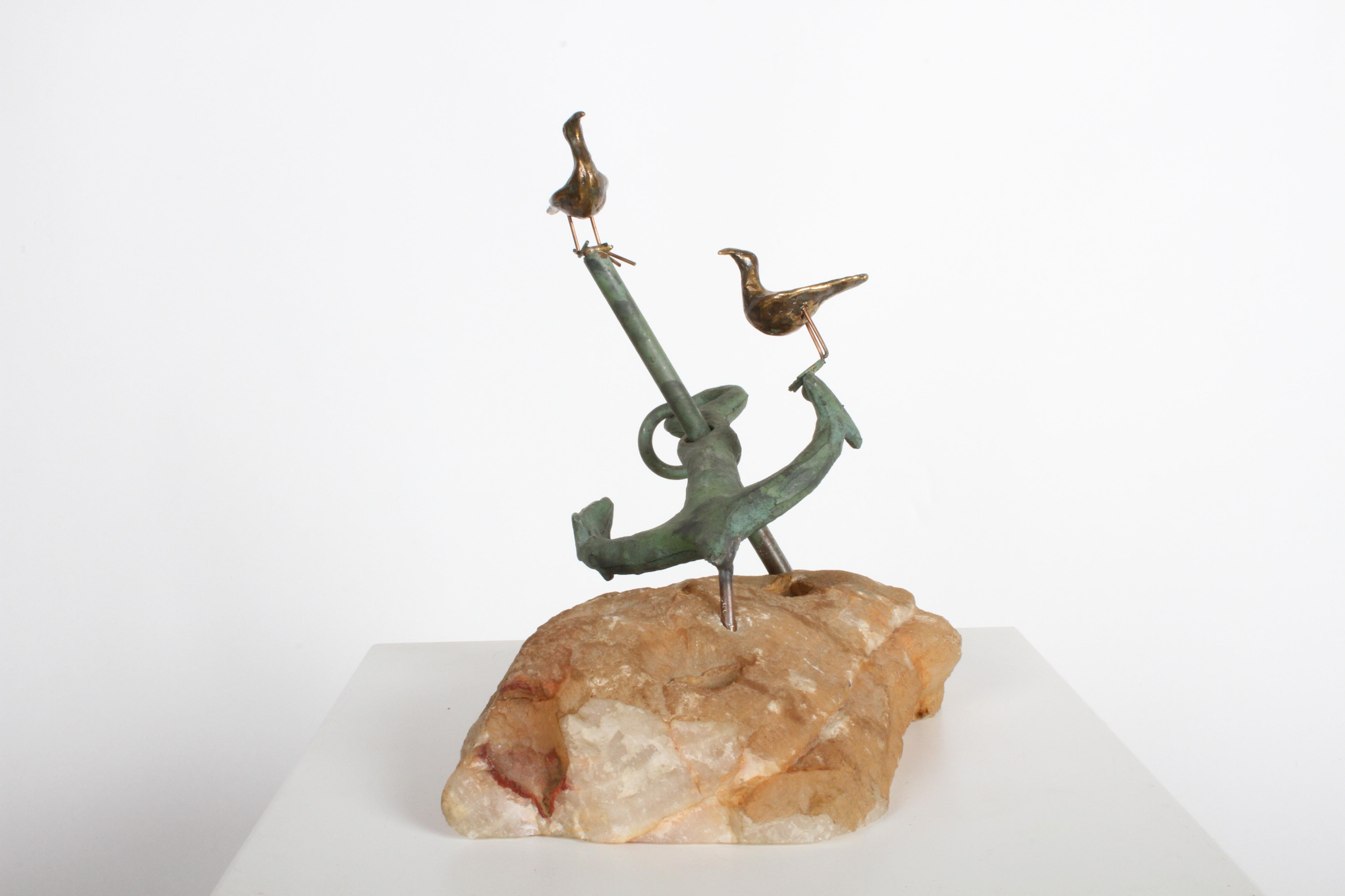 Late 20th Century Curtis Jere Anchor Sculpture Faux Bronze on Stone Quartz Base, Signed For Sale