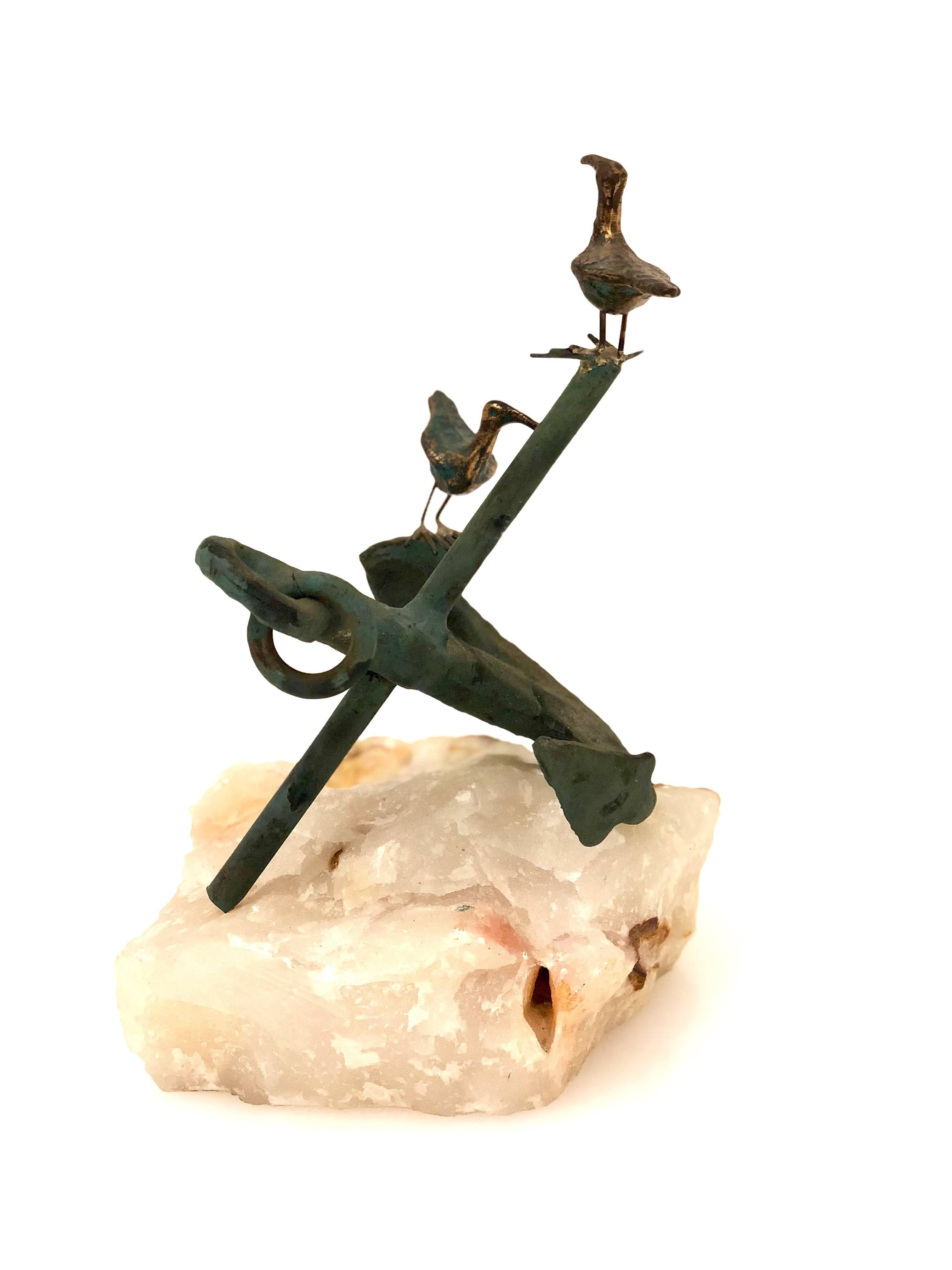 Mid-Century Modern Curtis Jere Anchor Sculpture Signed Patinated Bronze and Stone Base