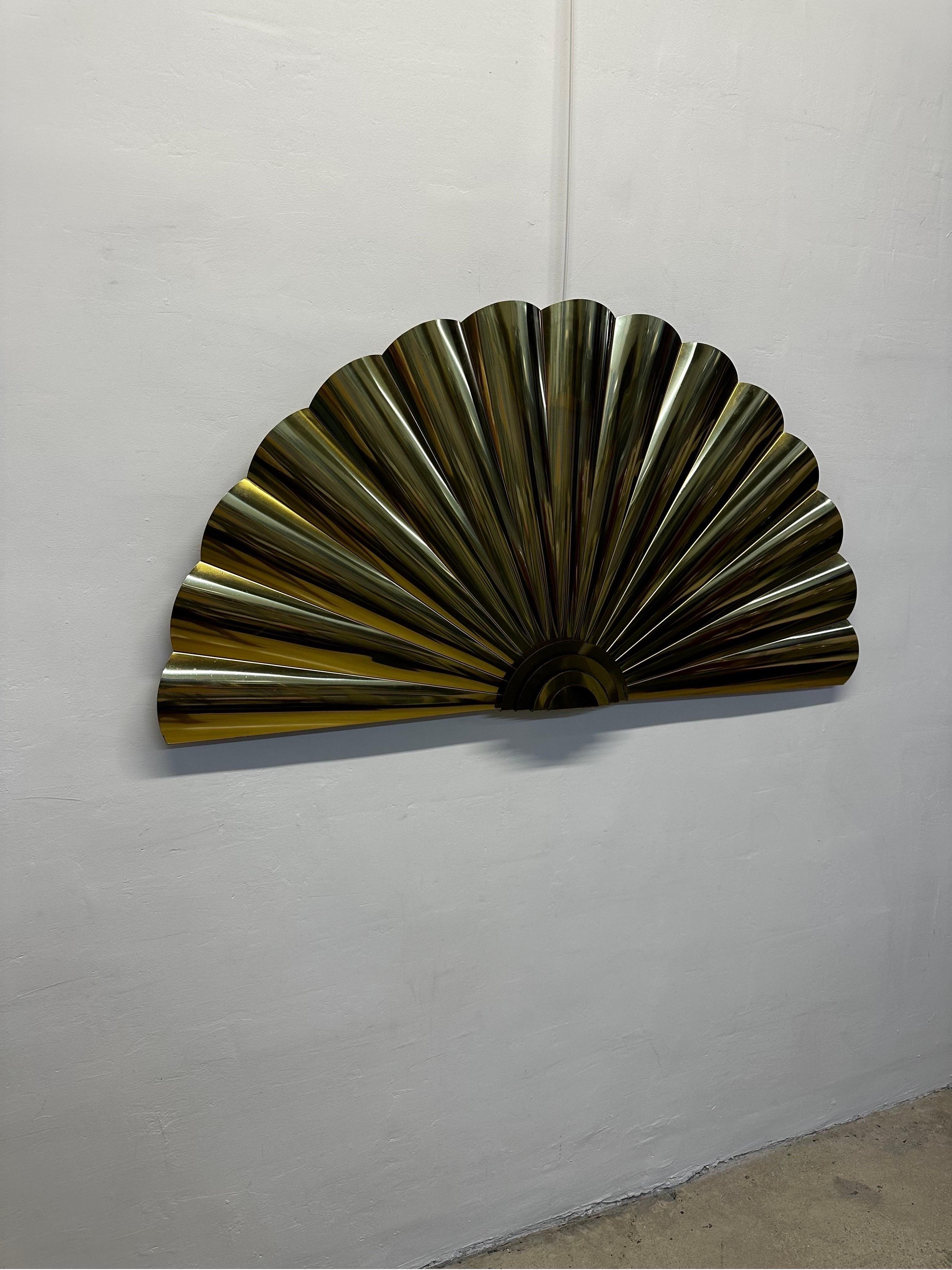 American Curtis Jere Artisan House Large Brass Fan Wall Sculpture, 1989 For Sale