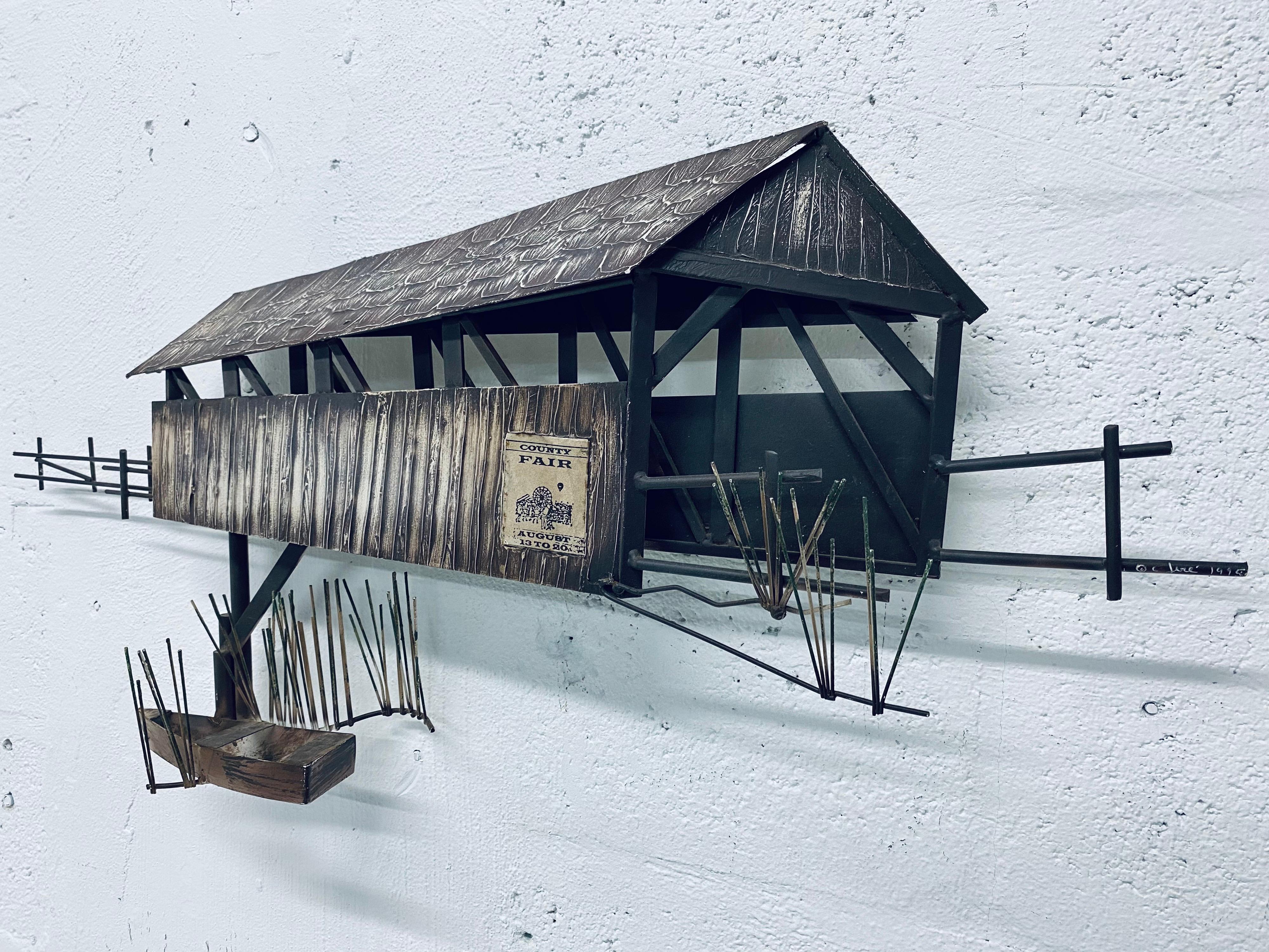 Curtis Jere Artisan House mid-century country barn bridge sculpture with row boat.