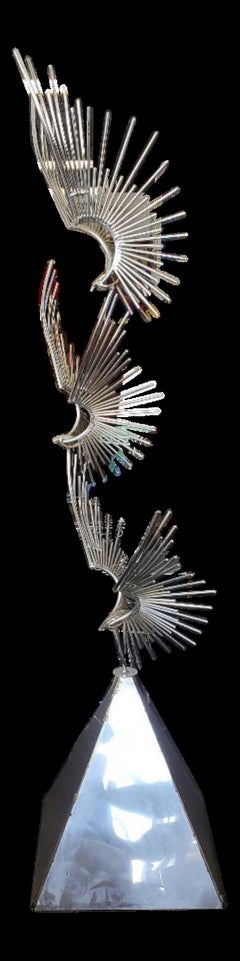 Curtis Jere "Birds at Flight" Chrome Metal Sculpture With Trapezoidal Base