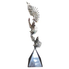 Curtis Jere "Birds at Flight" Chrome Metal Sculpture With Trapezoidal Base
