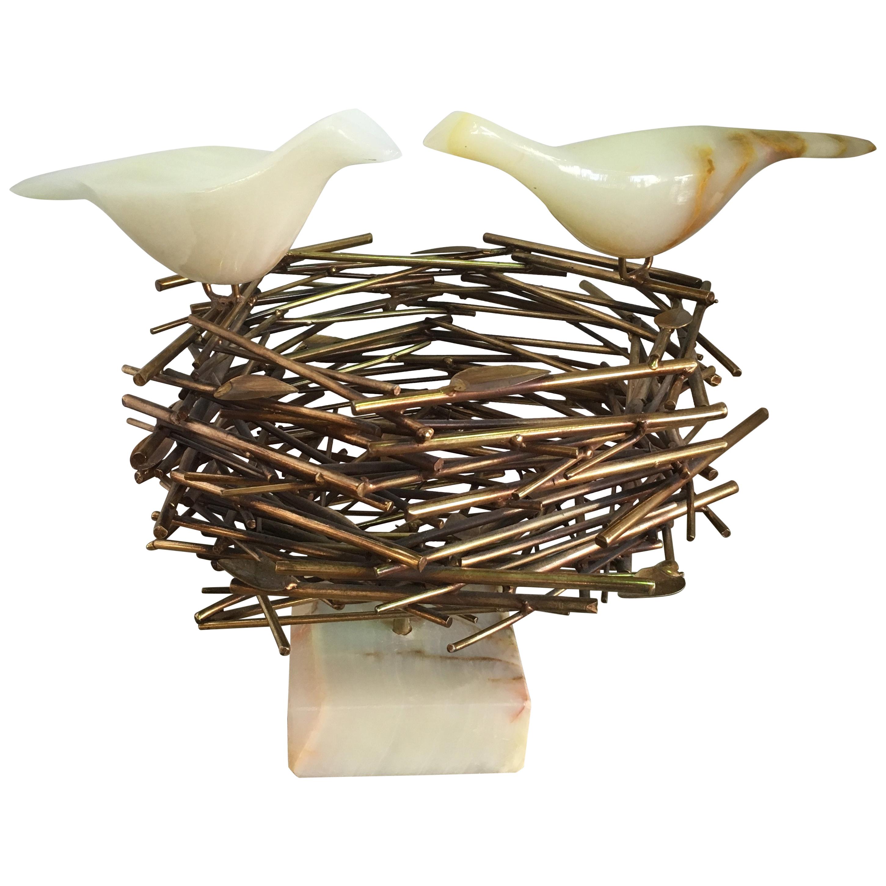 Curtis Jere Brass and Onyx Birds Nest Sculpture