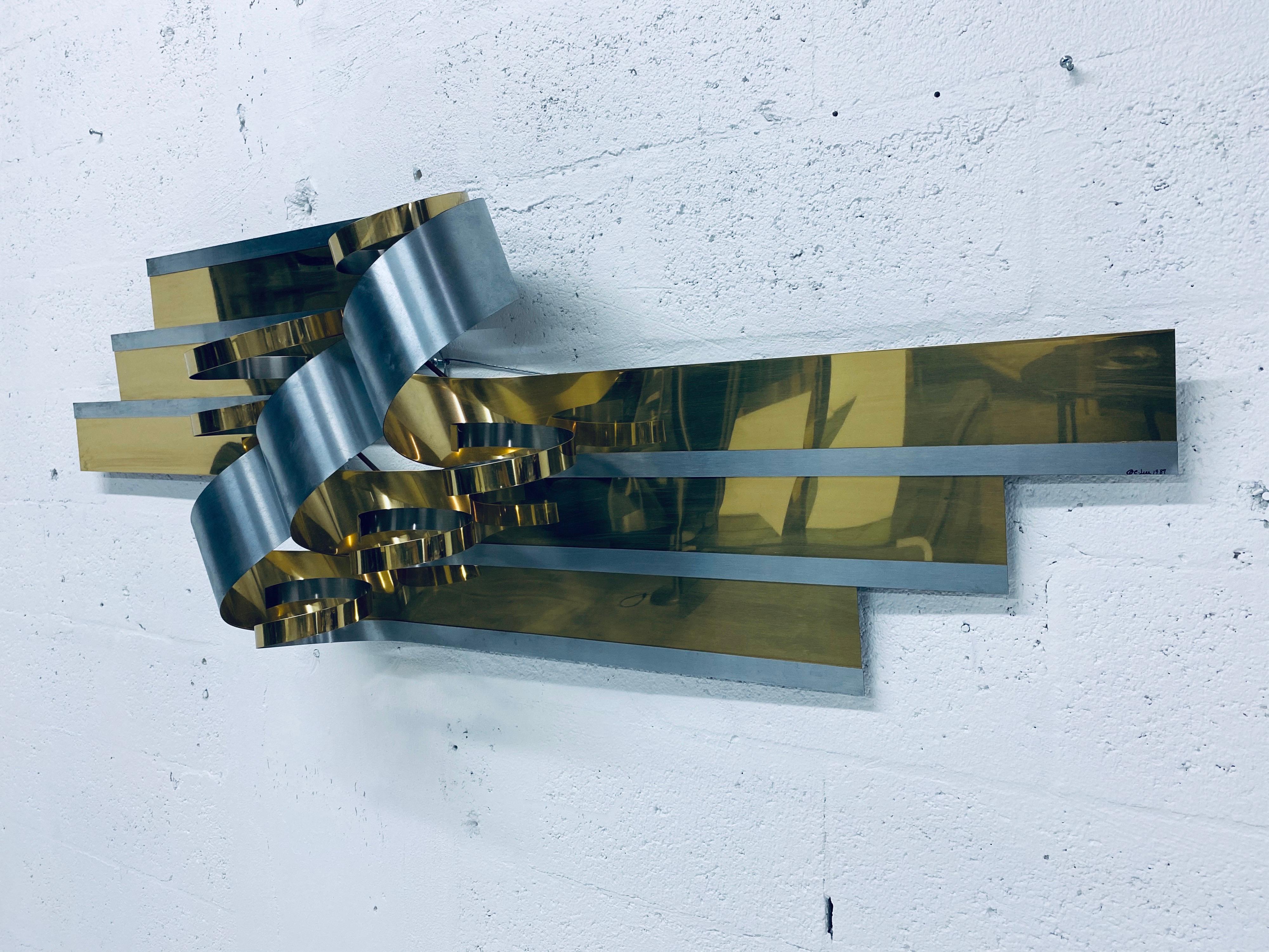 American Curtis Jere Brass and Steel Ribbon Wall Sculpture, 1989