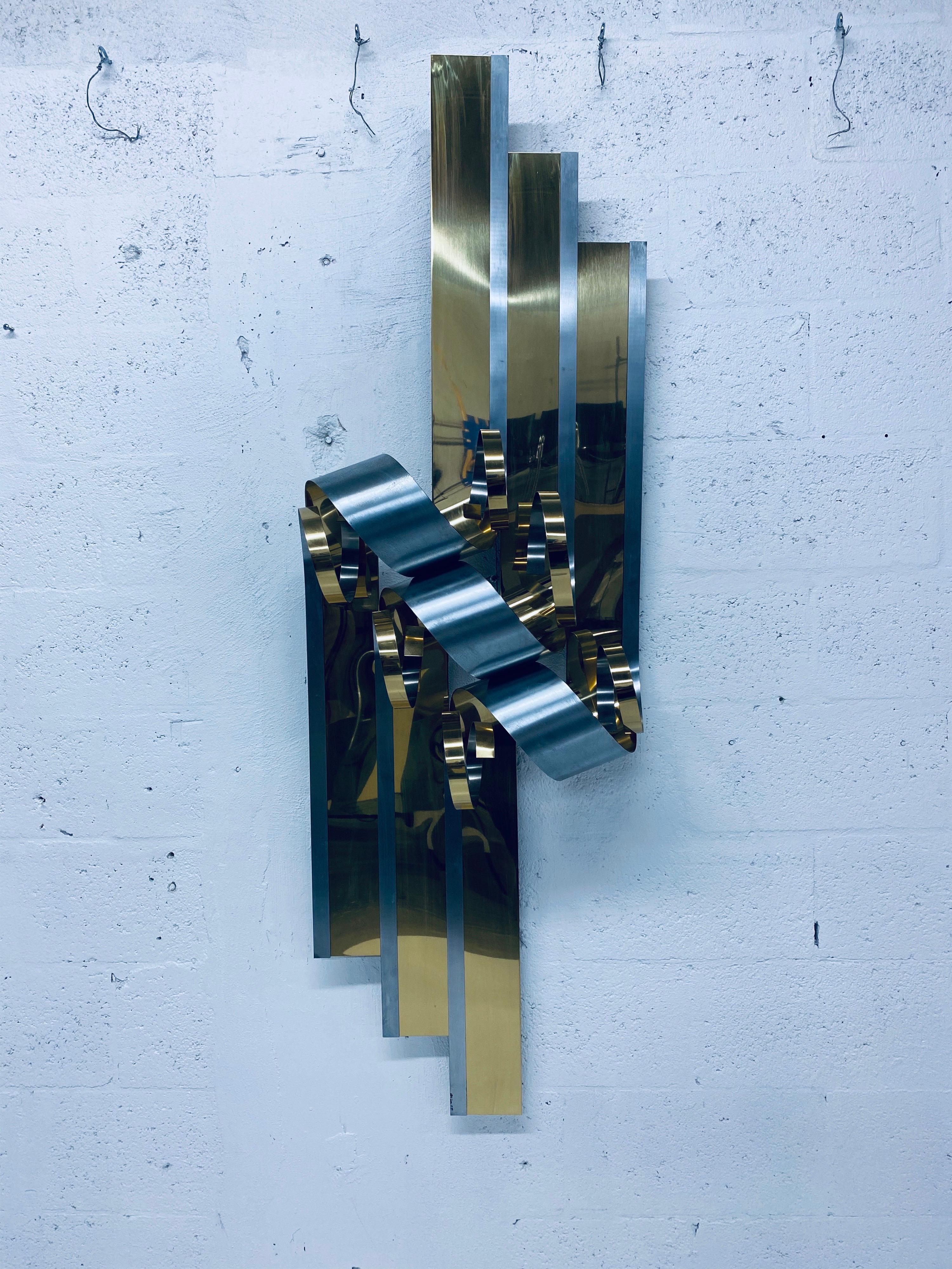 Curtis Jere Brass and Steel Ribbon Wall Sculpture, 1989 1