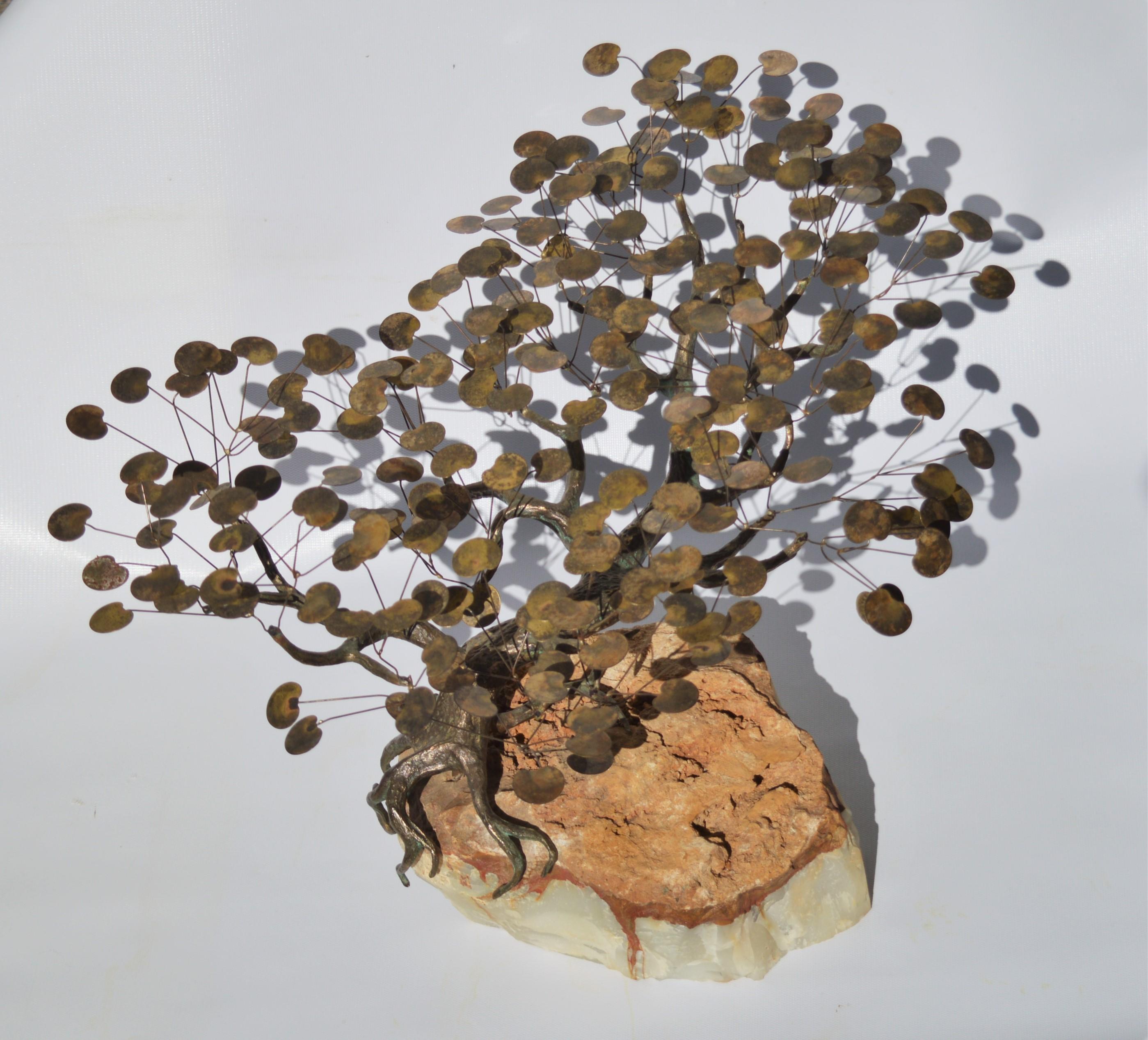 Mid-Century Modern Curtis Jere Brass and Copper Bonsai Tree on Marble Base with Rare Lilypad Leaves For Sale