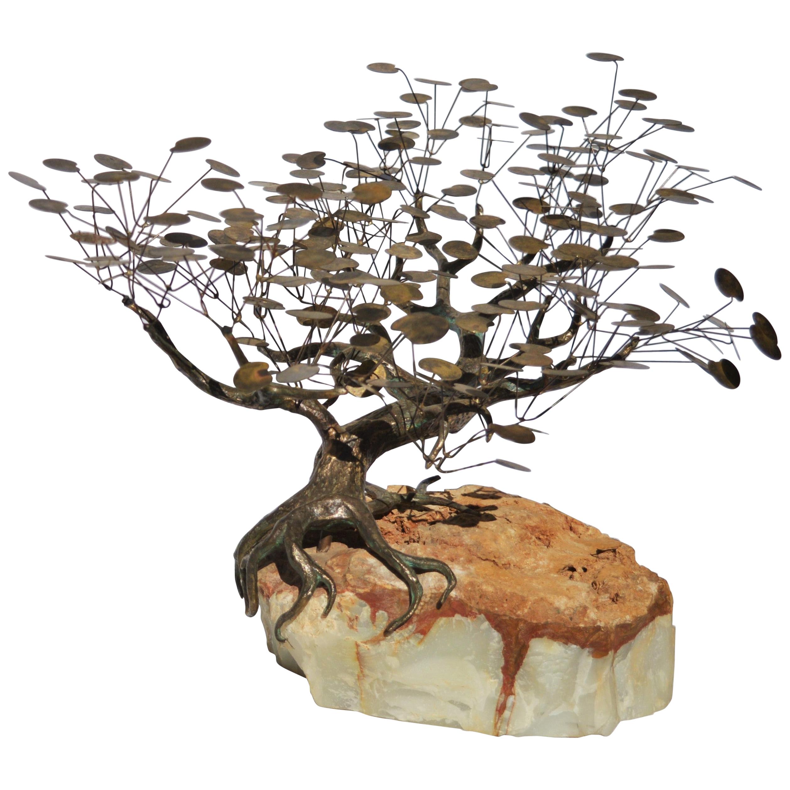 Curtis Jere Brass and Copper Bonsai Tree on Marble Base with Rare Lilypad Leaves For Sale