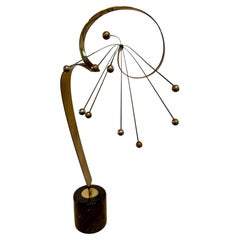 Curtis Jere Brass Kinetic Table Sculpture on Marble Base, Post Modern Signed