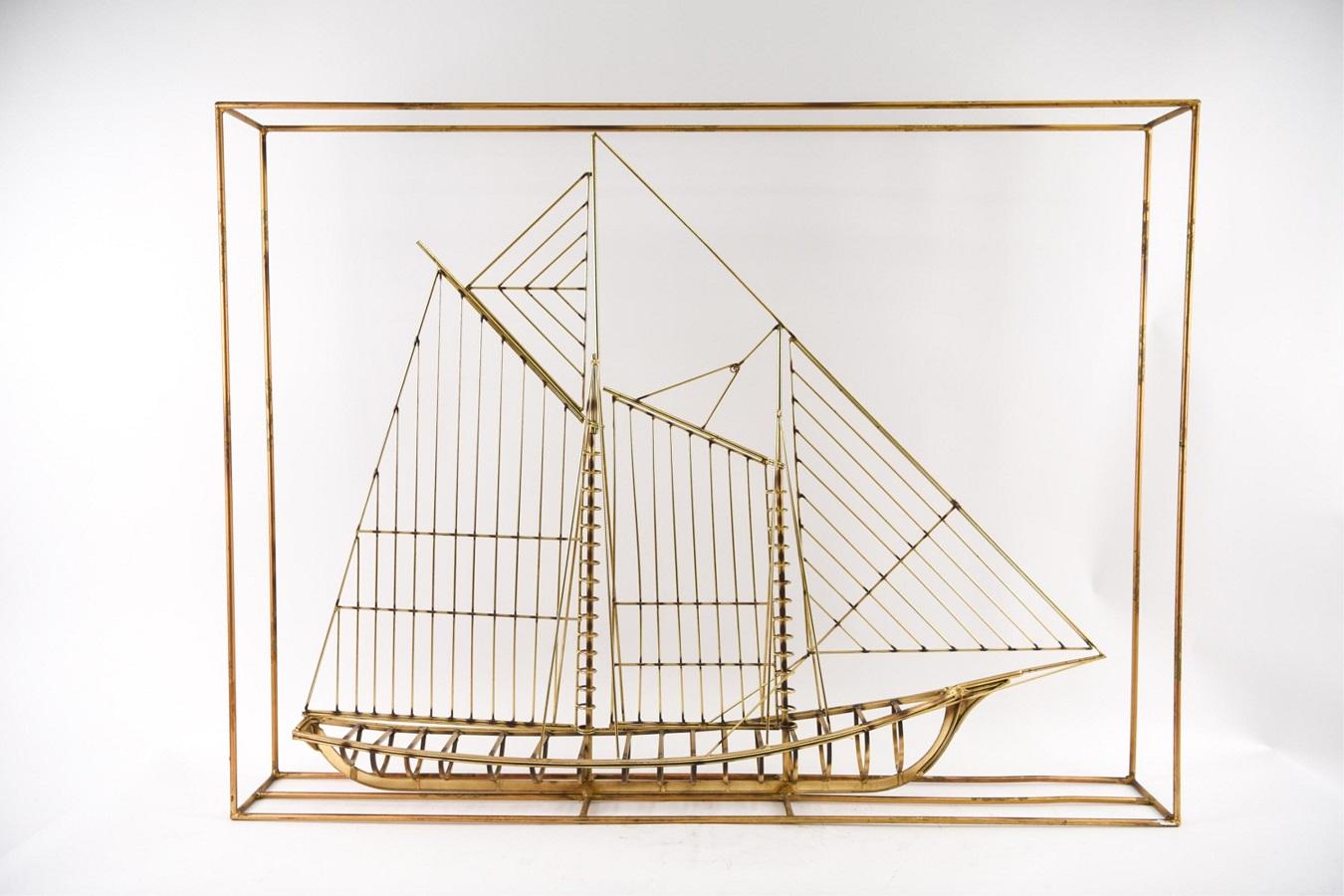 Curtis Jere brass ship sculpture, signed. This ship sculpture by Curtis Jere is welded and has a rare box frame.