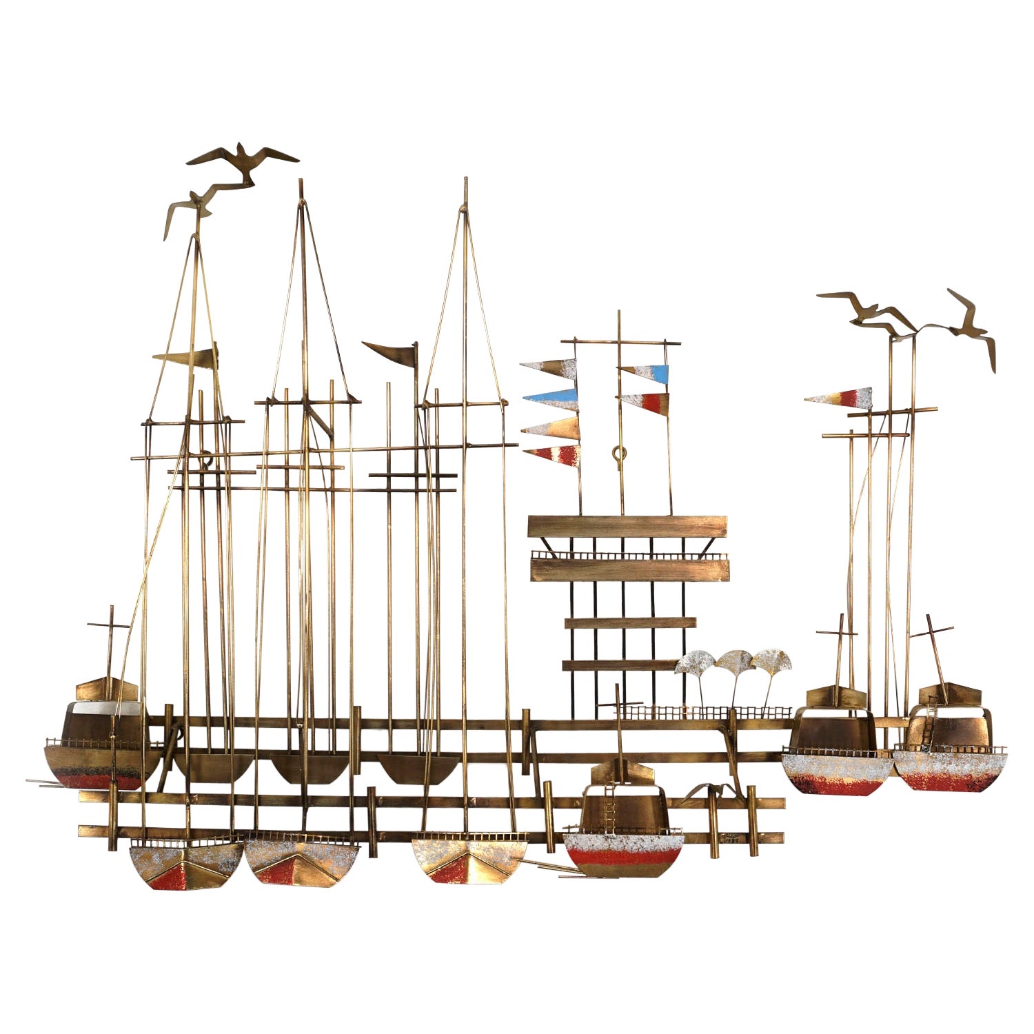 Wandskulptur von Curtis Jere aus Messing mit Schiffen und Möwen im Angebot