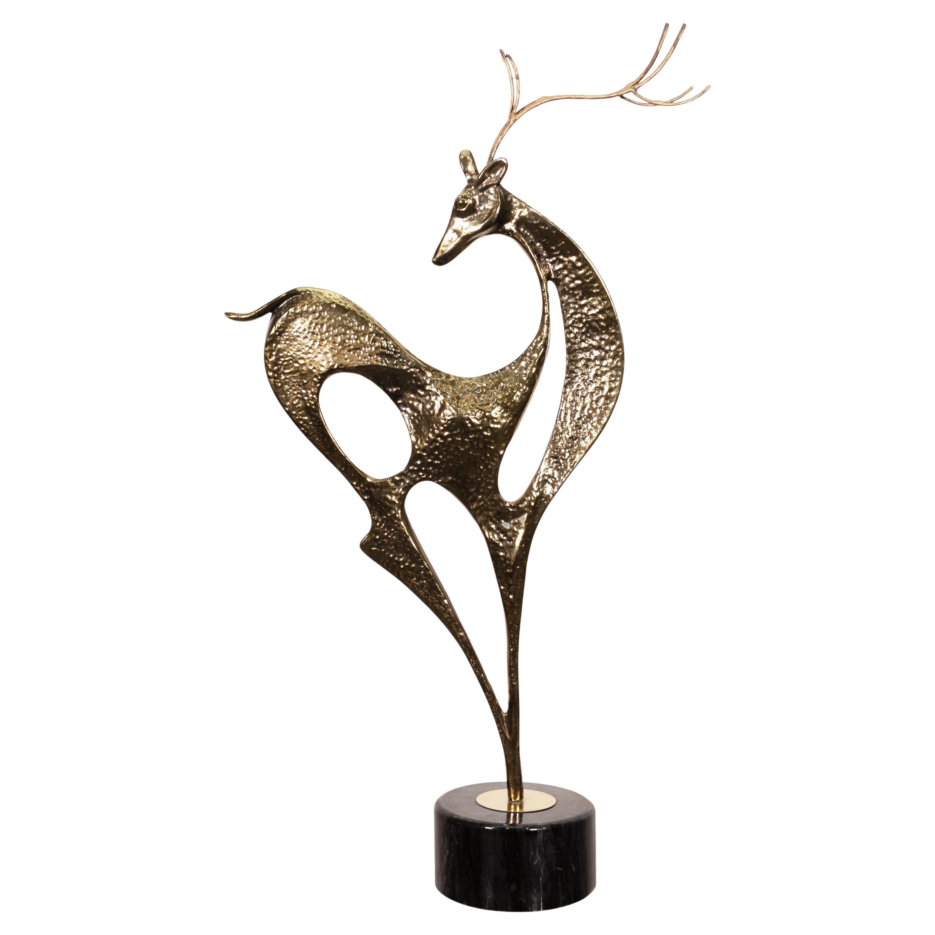 Curtis Jere Brass Stag Deer on Marble Base Mid Century Modern Table Sculpture