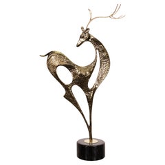 Curtis Jere Brass Stag Deer on Marble Base Mid Century Modern Table Sculpture
