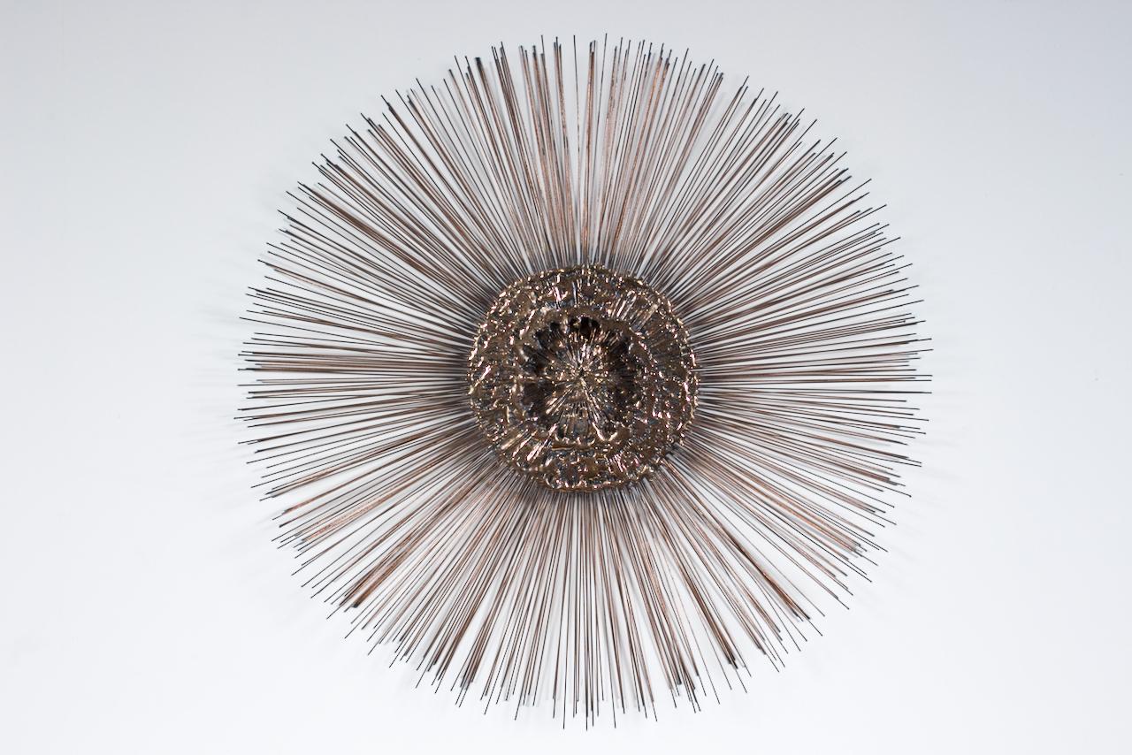 Curtis Jere Brass Style Brass & Copper Toned Sunburst Wall Sculpture, 1970's In Good Condition For Sale In Bainbridge, NY