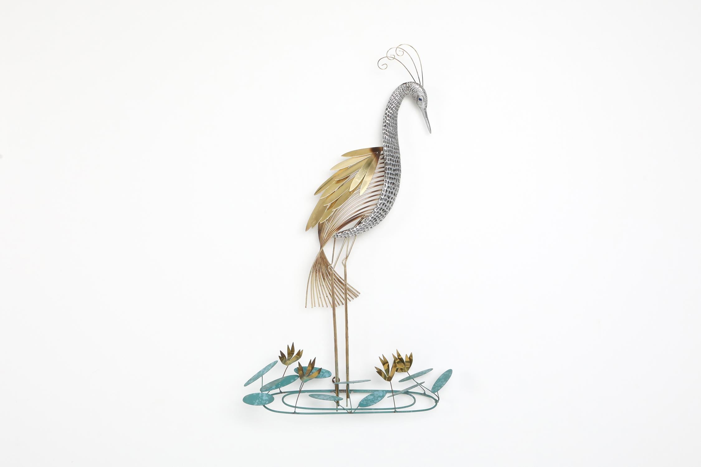 Wall sculpture 'Heron' by Curtis Jere, made out of brass and patinated brass.
Artisan House, USA, 1988.
Would fit well in an eclectic Hollywood Regency inspired interior.

 