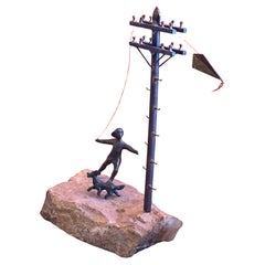 Curtis Jeré Bronze Figural Sculpture of Boy Flying Kite with Dog on Quartz 1970s