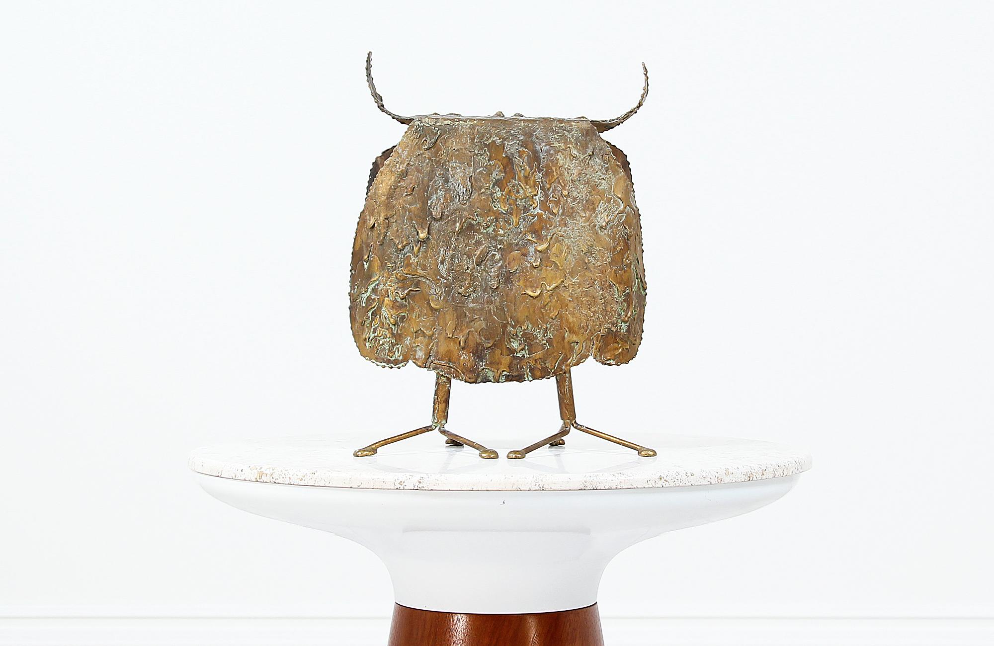 Mid-Century Modern Curtis Jere Brutalist Drip-Finished Metal Owl Sculpture for Artisan House