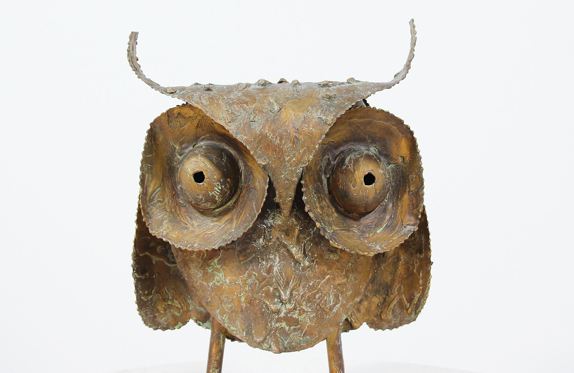 American Curtis Jere Brutalist Drip-Finished Metal Owl Sculpture for Artisan House